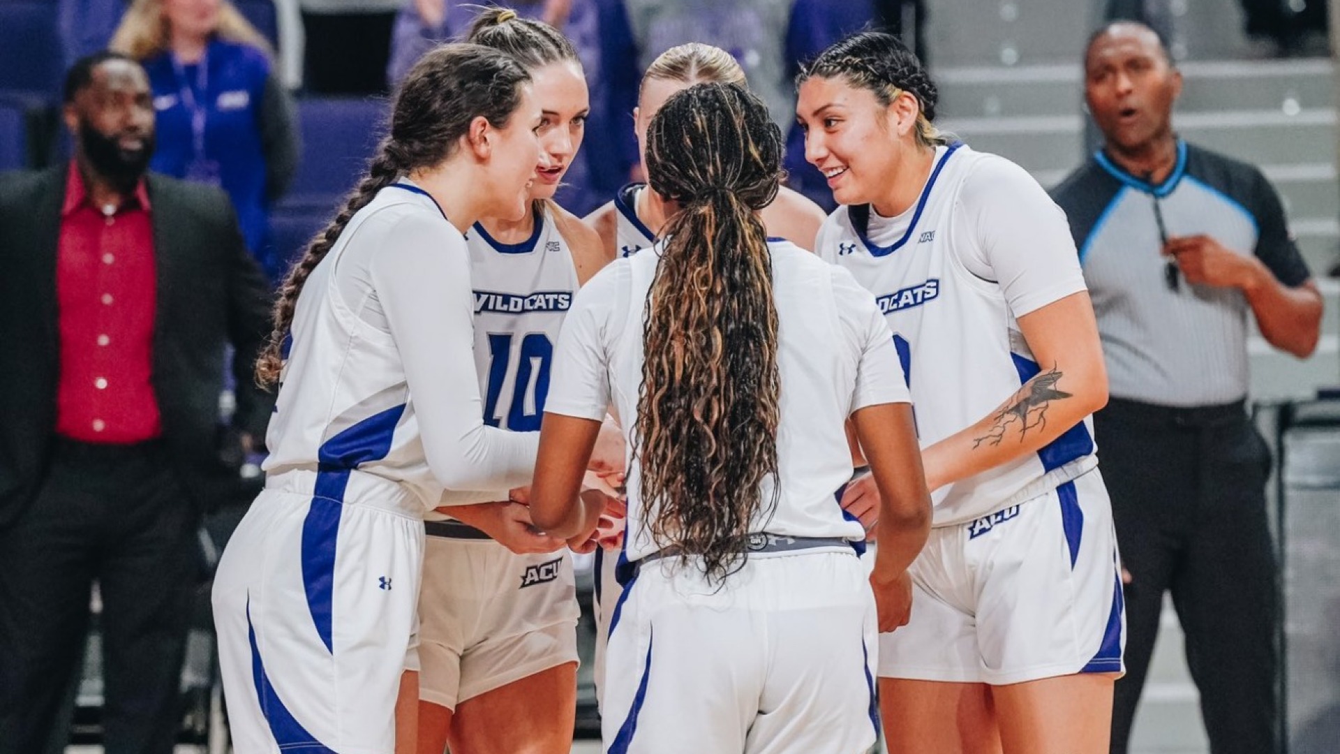 ACU women's basketball starters huddle before playing Western Kentucky on Nov 21, 2024