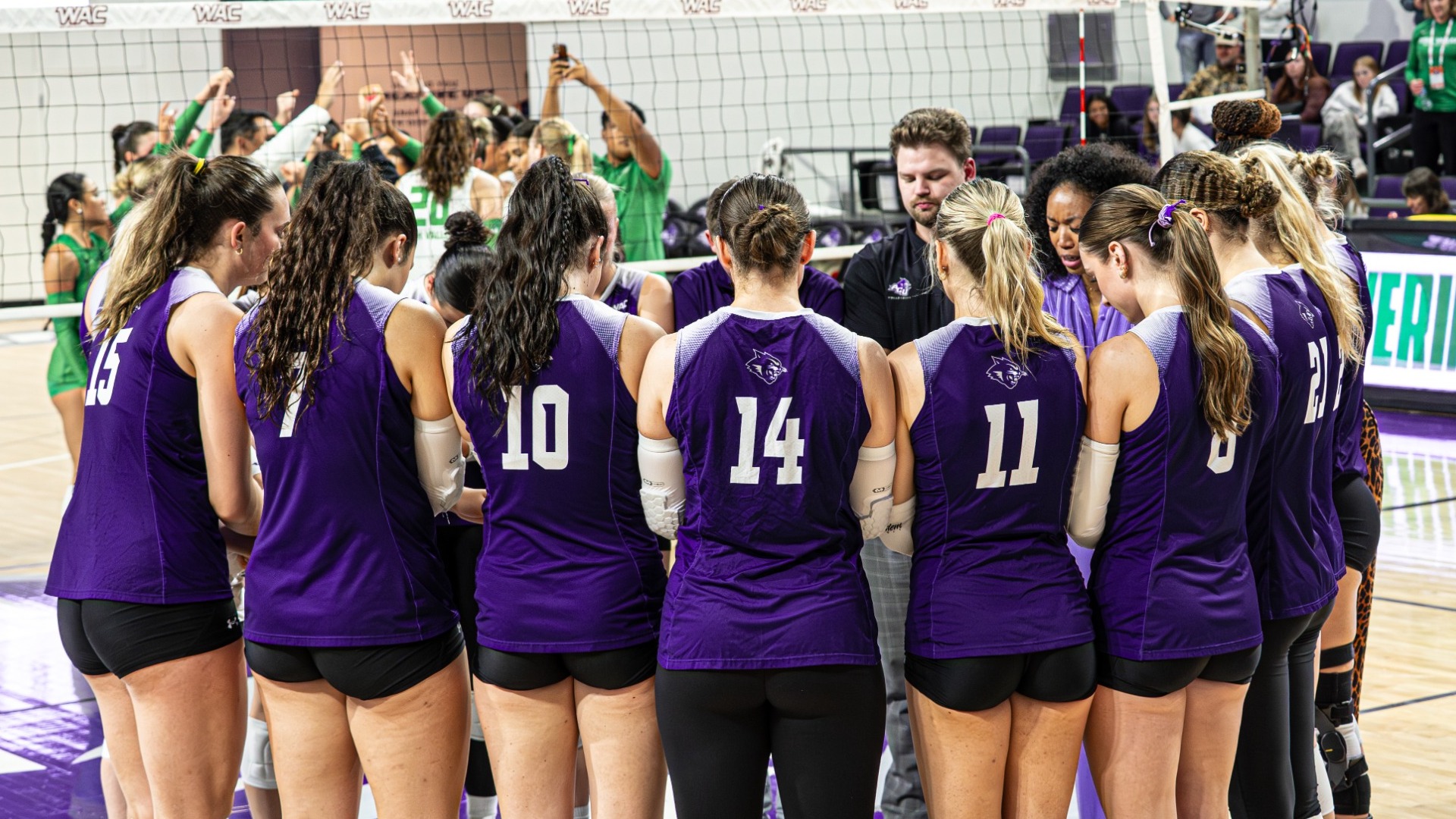 ACU volleyball huddles after a 3-0 loss to Utah Valley in the WAC Tournament at Moody Coliseum on Nov. 21, 2025.