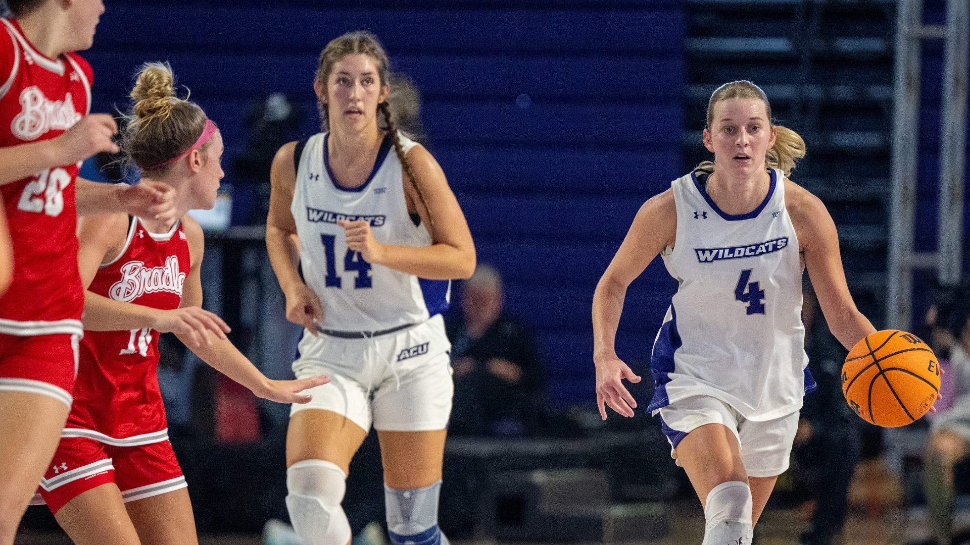 Erin Woodson and Meredith Mayes move down the court in ACU's 80-74 loss to Bradley in Fort Myers, Fla. on Nov. 29, 2025.
