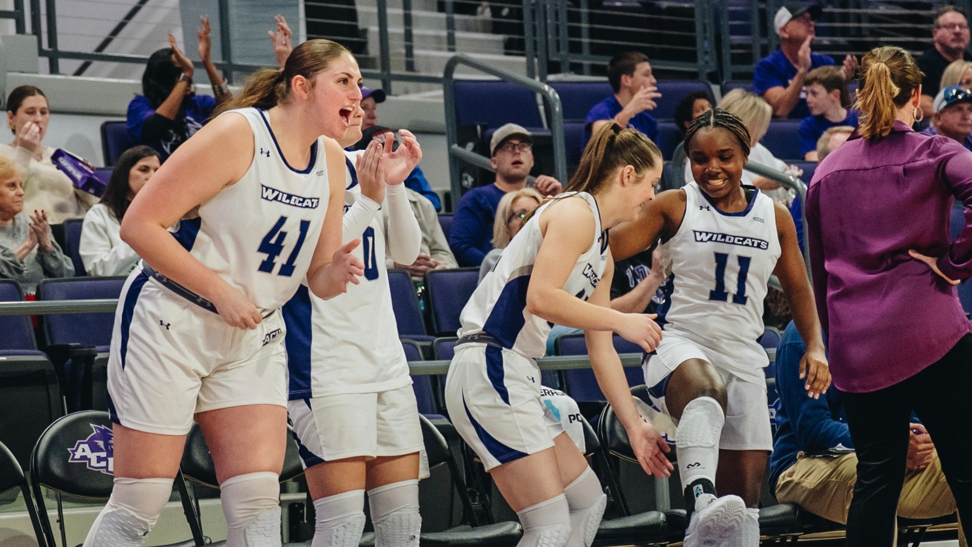 ACU women's basketball's bench celebrates in its 72-48 win over Buffalo at Moody Coliseum on Dec. 20, 2025.