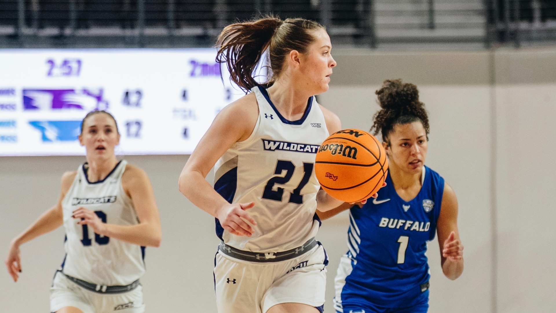 Riley Grohman dribbles the ball in ACU's 72-48 win over Buffalo at Moody Coliseum on Dec. 20, 2025.
