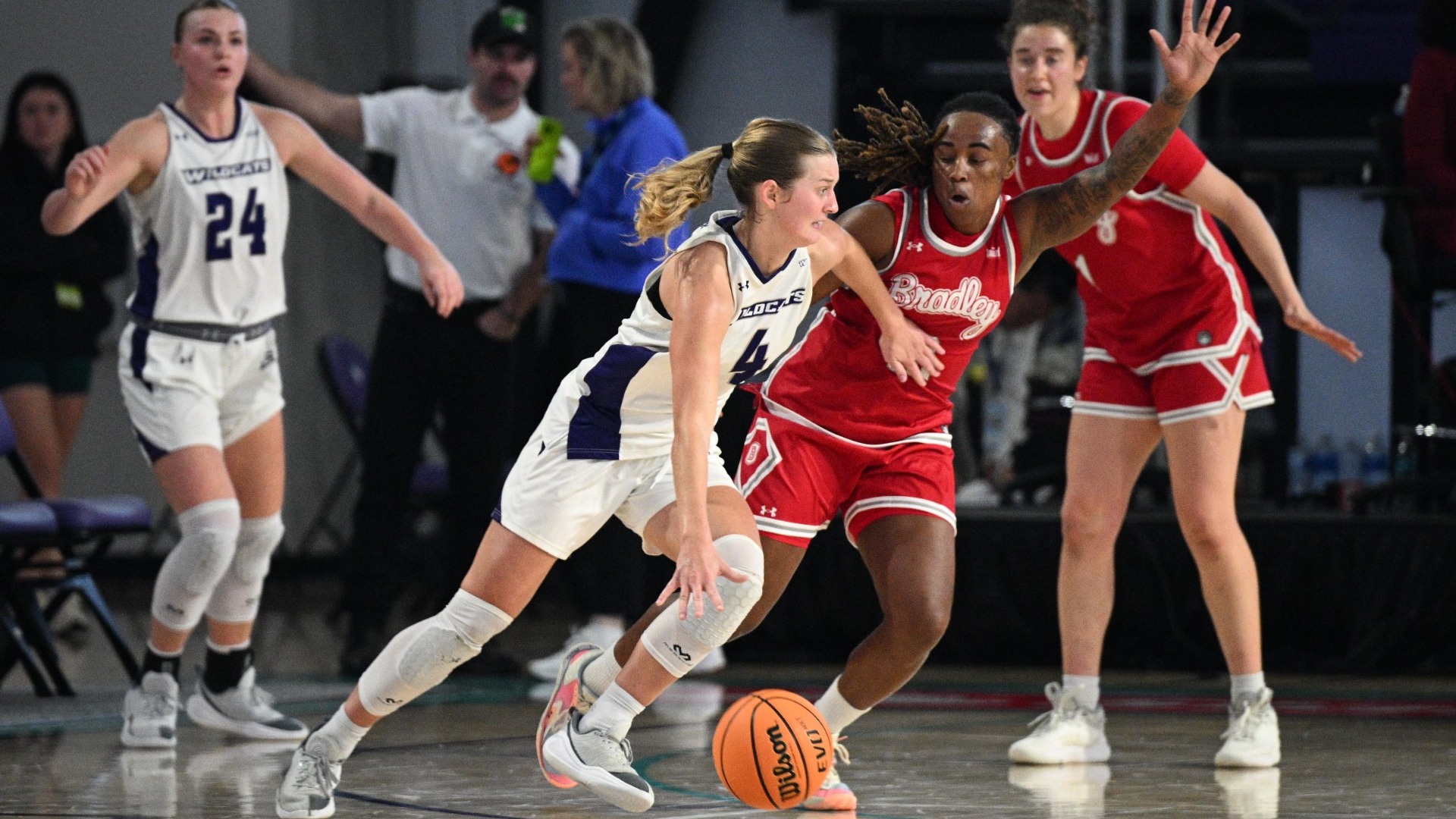 Erin Woodson dribbles the ball in ACU's 80-74 loss to Bradley in Fort Myers, Fla. on Nov. 29, 2025.