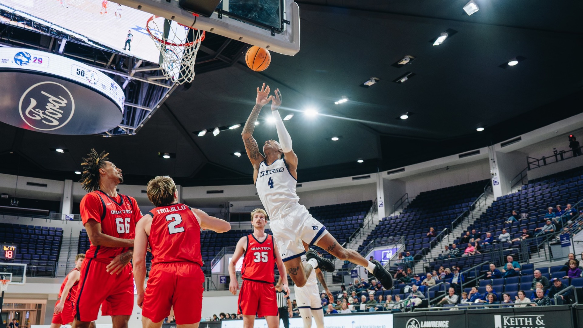 Rich Smith goes airborne to put up a shot against Utah Tech on Jan. 1, 2026