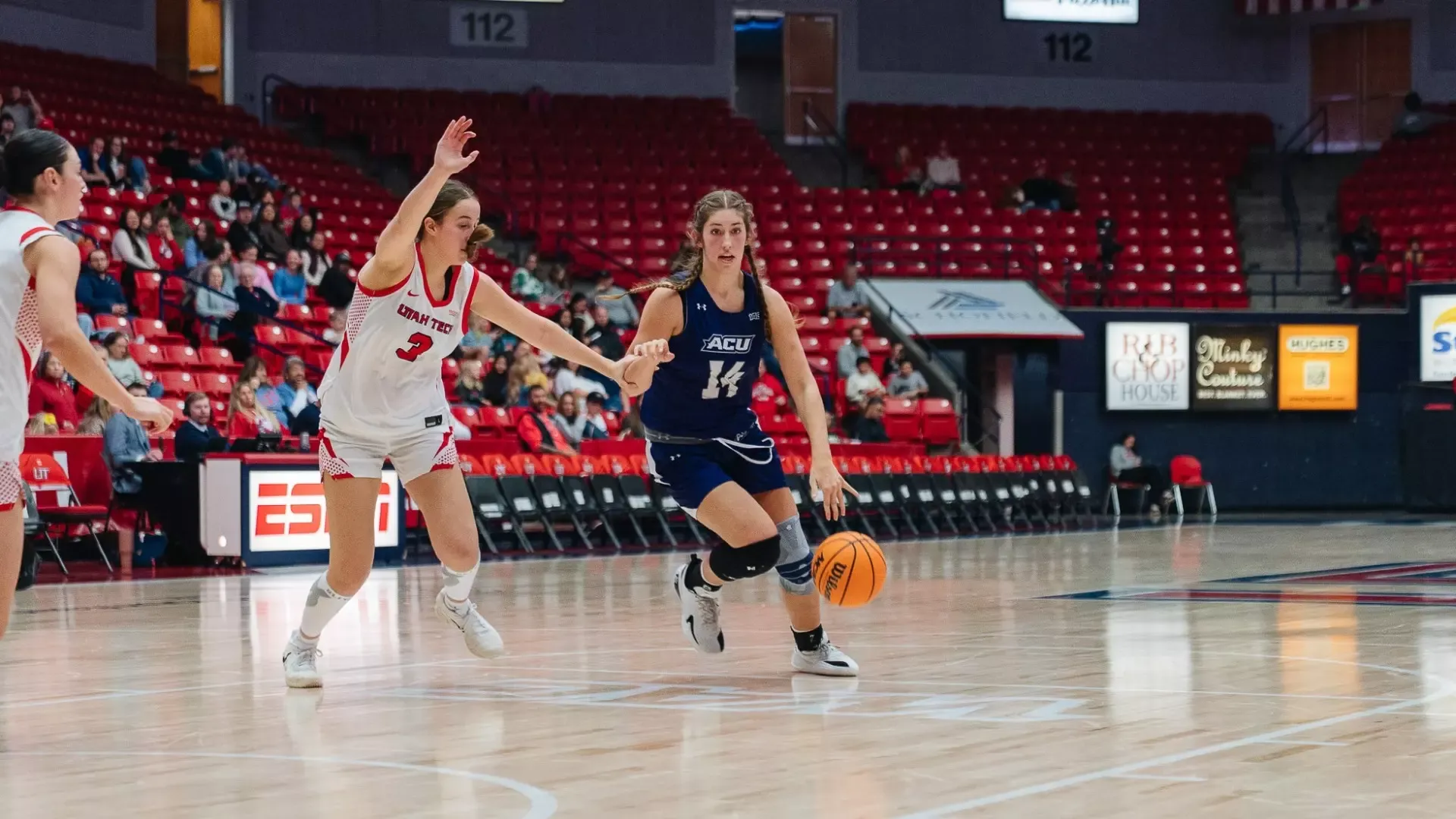 Meredith Mayes dribbles the ball in ACU's 81-51 win versus Utah Tech in St. George, Utah on Jan. 1, 2026.