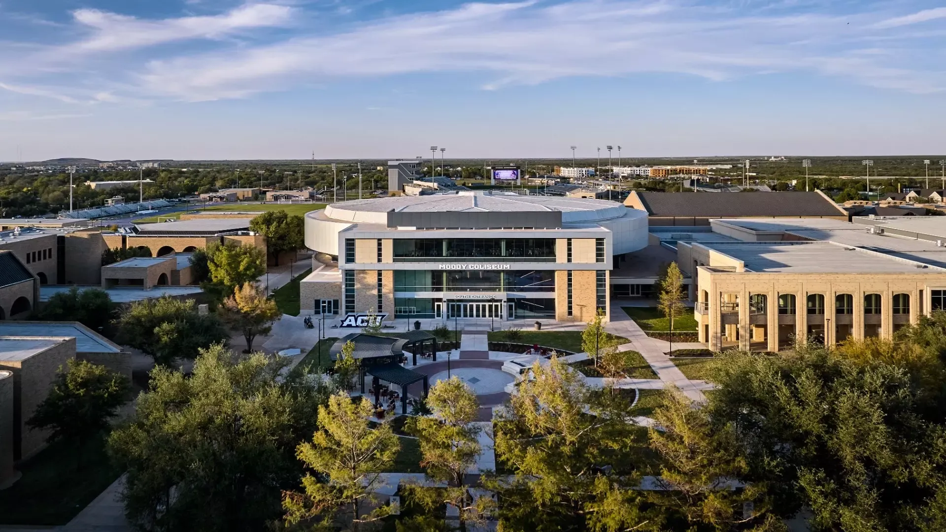 An exterior shot of Moody Coliseum.