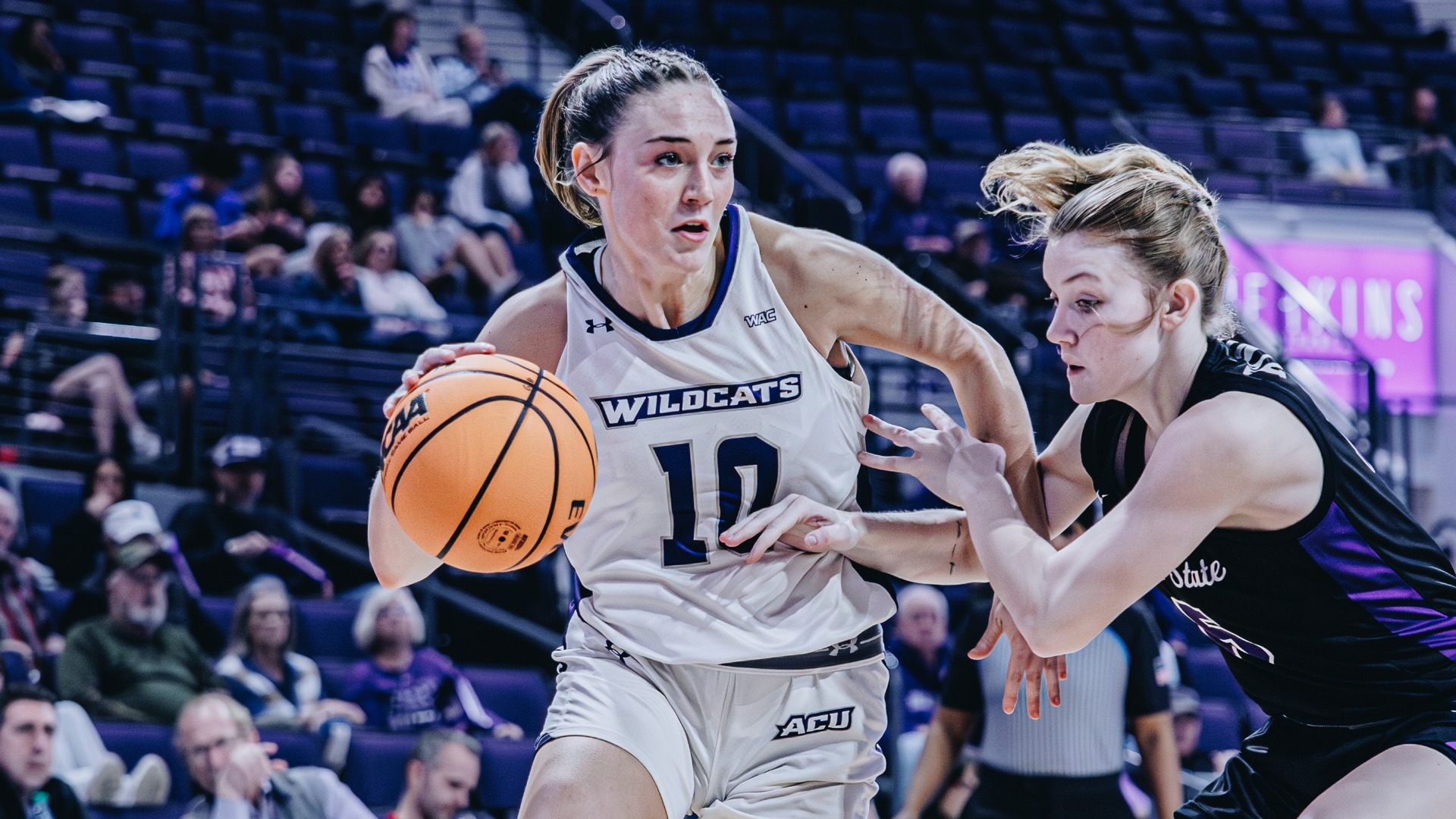 Payton Hull dribbles around a defender in ACU's 68-65 win over Tarleton State at Moody Coliseum on Feb. 3, 2026.