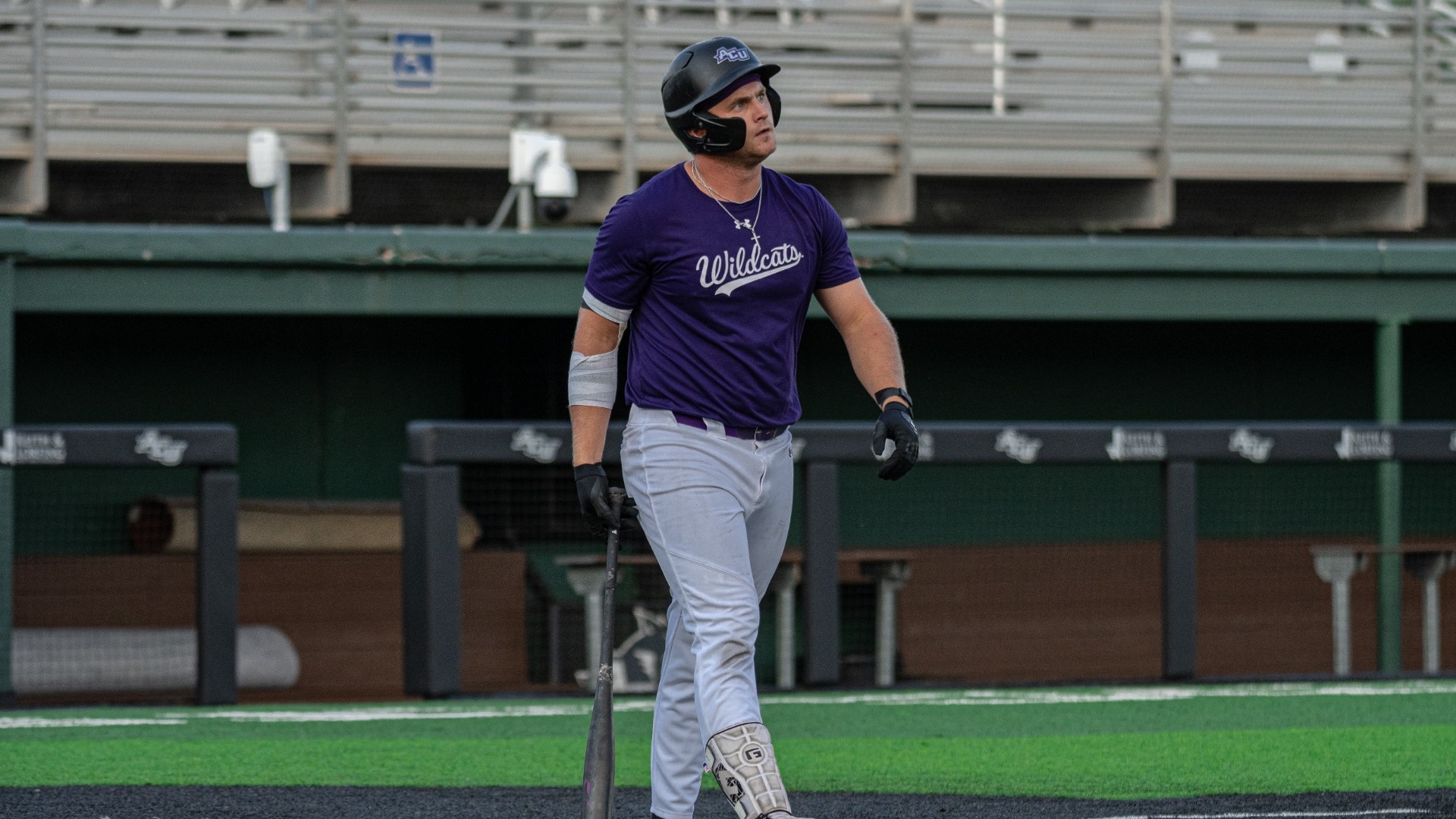 Grant Watkins walks out of the batter's box during an in ACU fall scrimmage on Oct. 8, 2025.