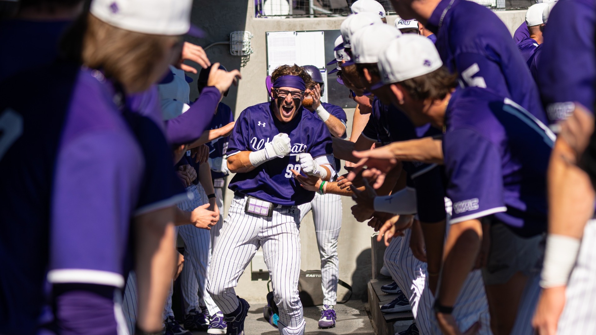 Maddox Miesse celebrates a grand slam in ACU's 13-2 win over St. Thomas at Crutcher Scott Field at Bullock Brothers Ballpark on Feb. 15, 2026.