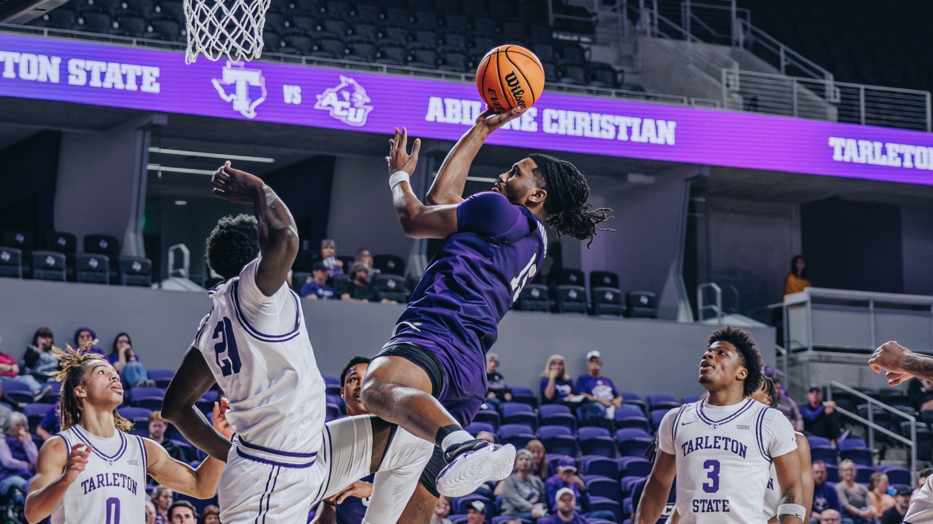 Bradyn Hubbard leaps to attempt a shot at close range at Tarleton State on Feb. 16, 2026