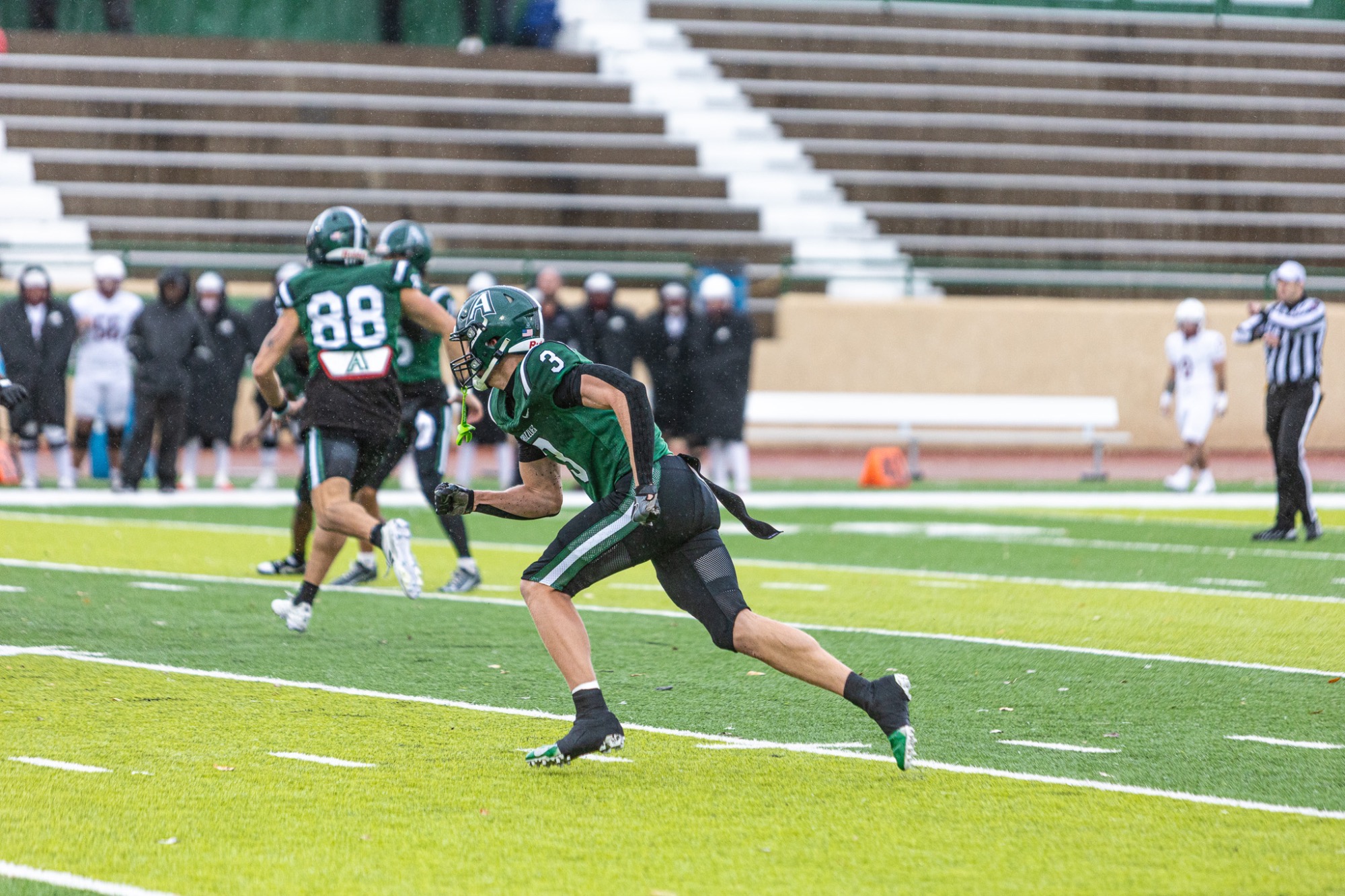 Adams State Wide Receiver #3 Max Minor runs route in their home game against Colorado Mesa University on October 24, 2026