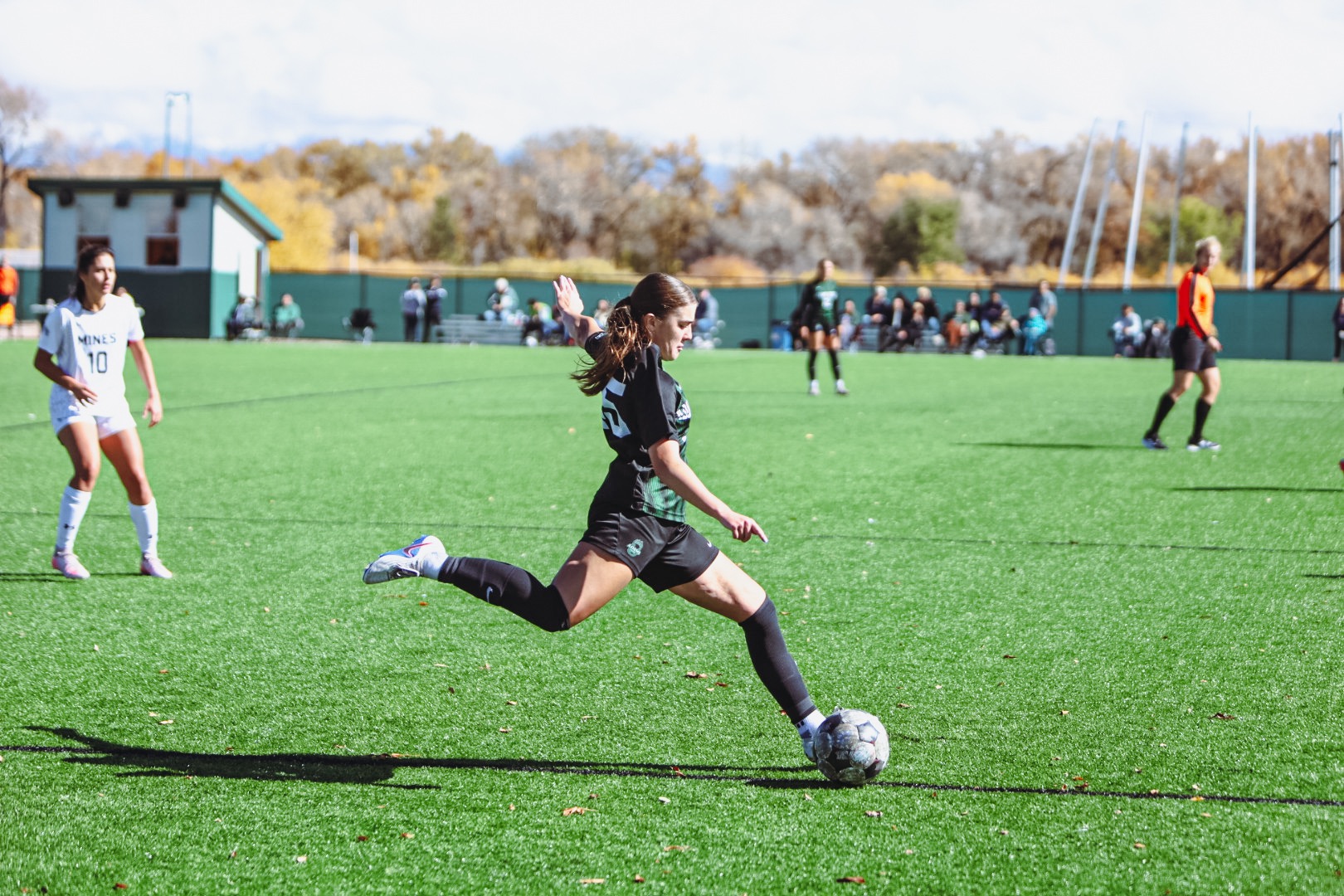 Adams State defender #45 Ashlynn Mustain makes a pass in their matchup against Colorado School of Mines on October 25, 2026
