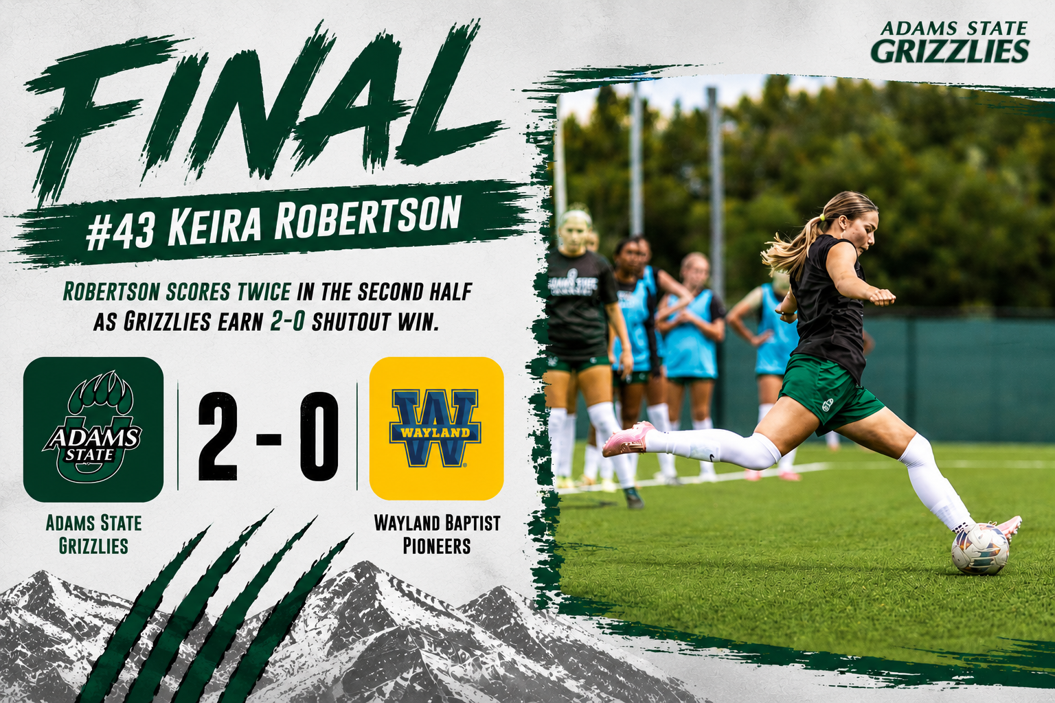 Keira Robertson squares up to kick the ball with the graphic showing the final score of Adams 2 and Wayland 0 