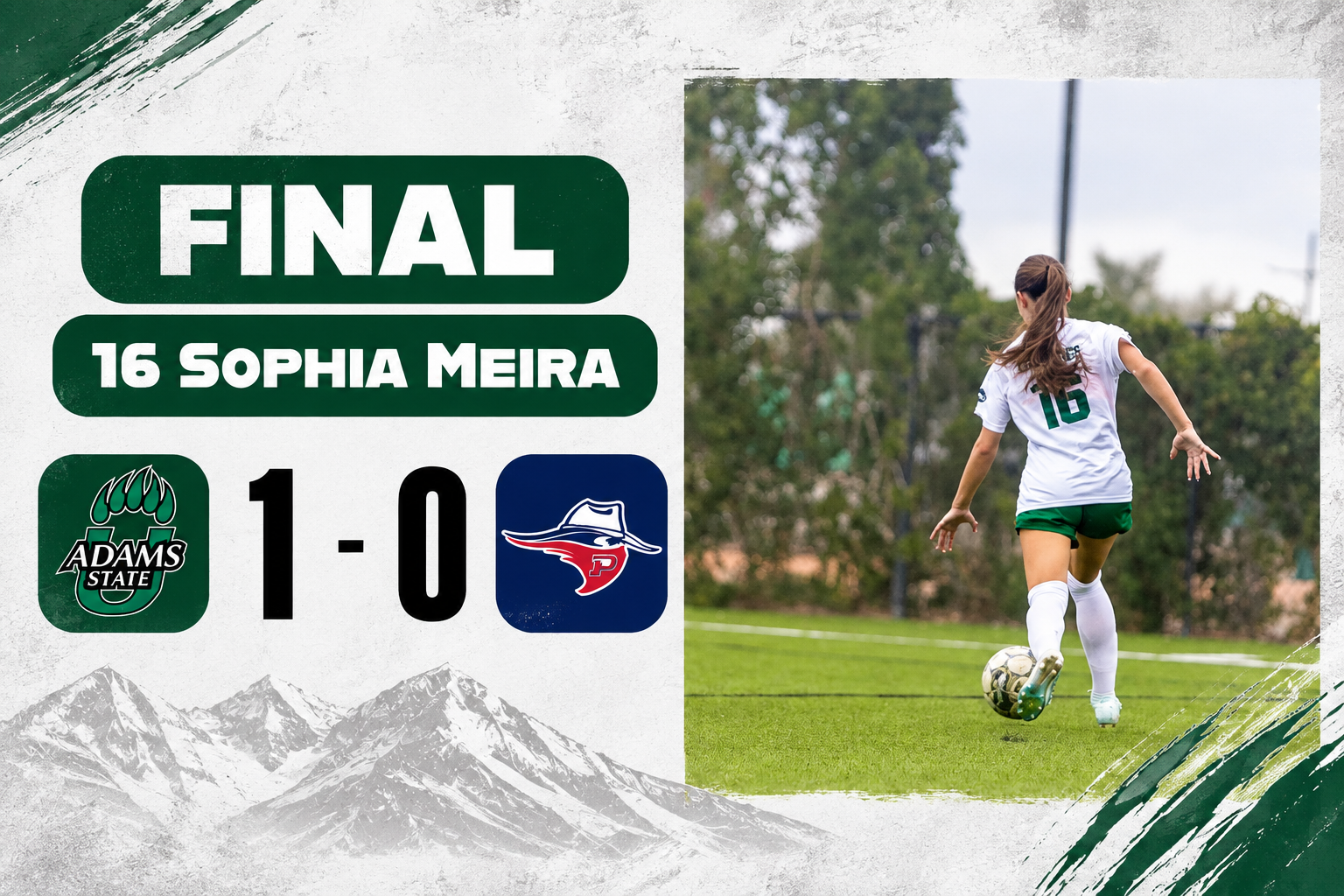 Adams State #16 Sophia Meria kicks the ball in the graphic that says Adams State won one goal to 0