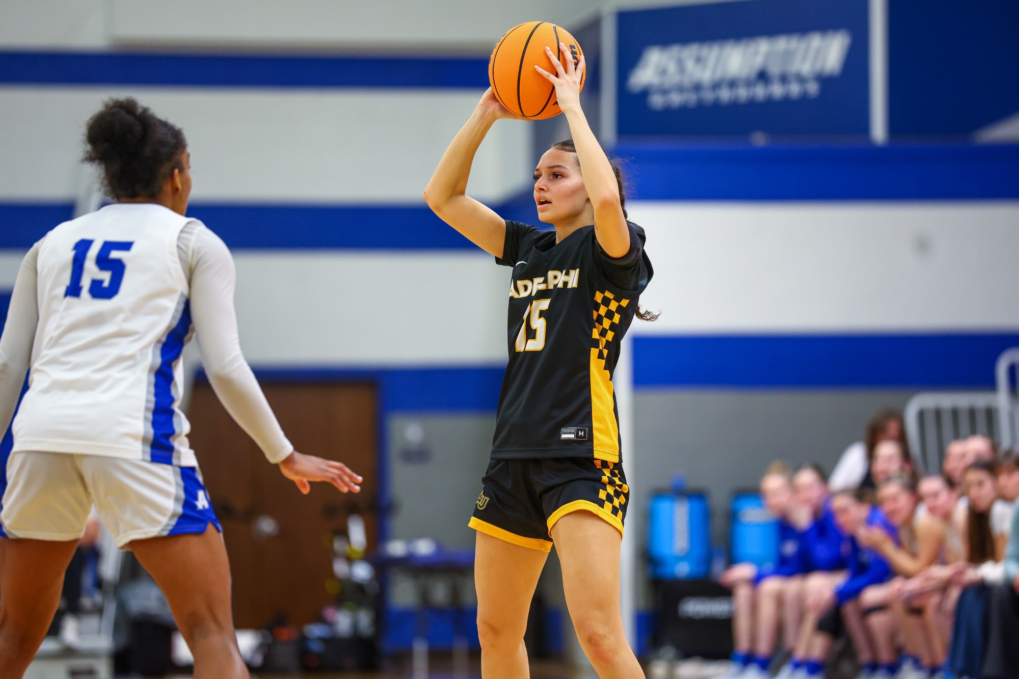January, 7, 2026; Worcester, Massachusetts;  during a Northeast-10 conference matchup between Adelphi and Assumption. Photo by Brian Foley for Foley Photography