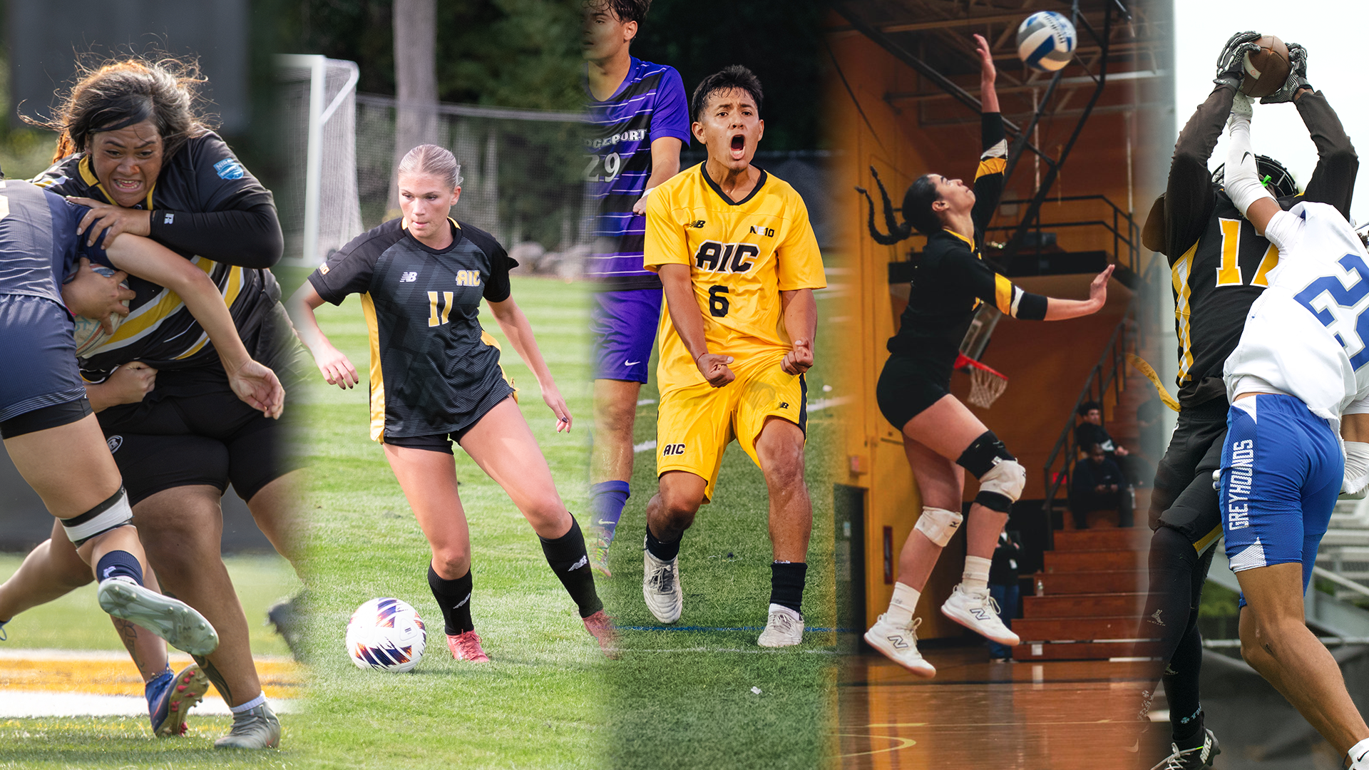 A collage of fall 2026 student-athletes at AIC including rugby, soccer, volleyball, and football players