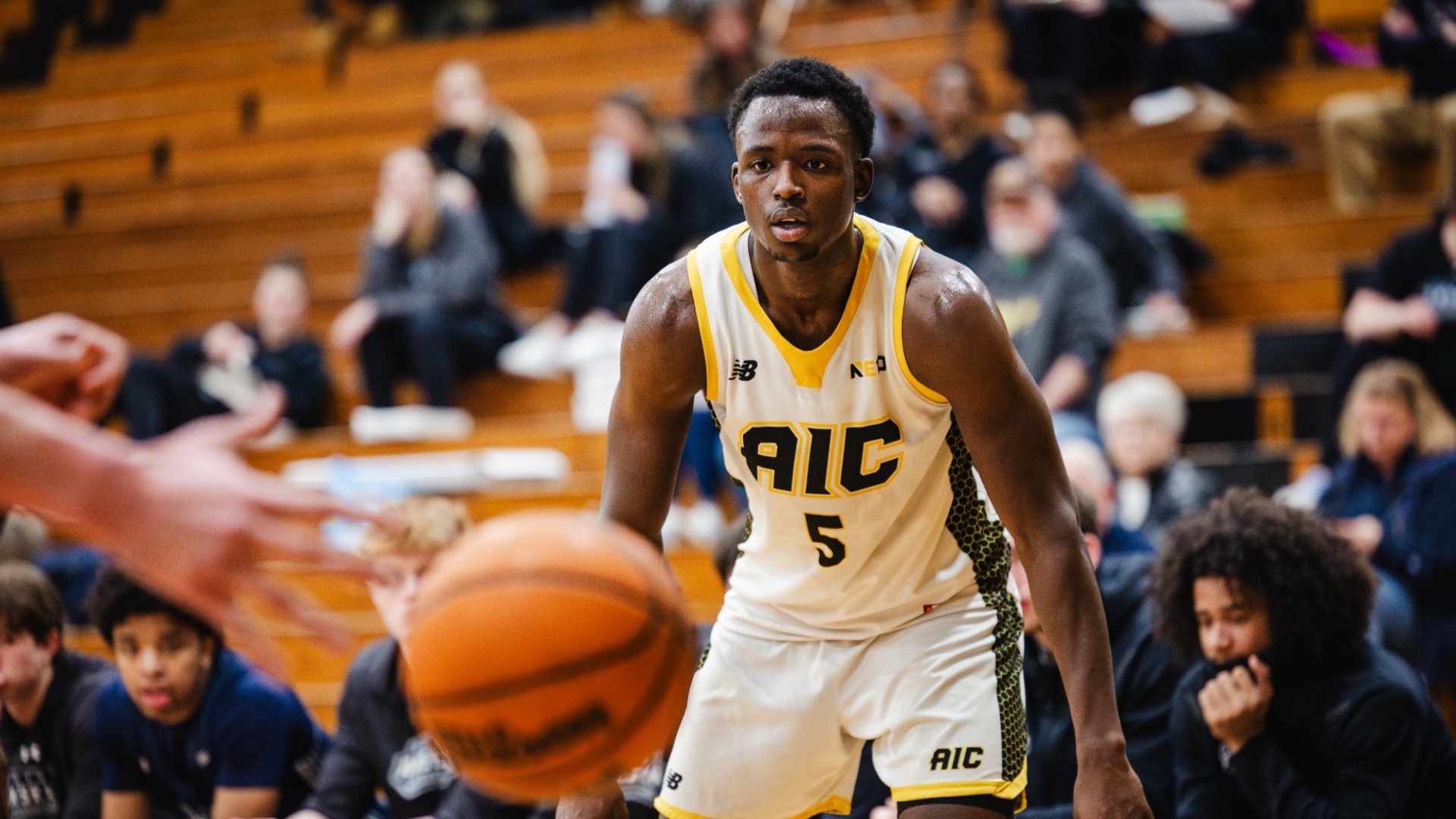 Aguibou Balde stares at the ball during a game against Saint Anselm