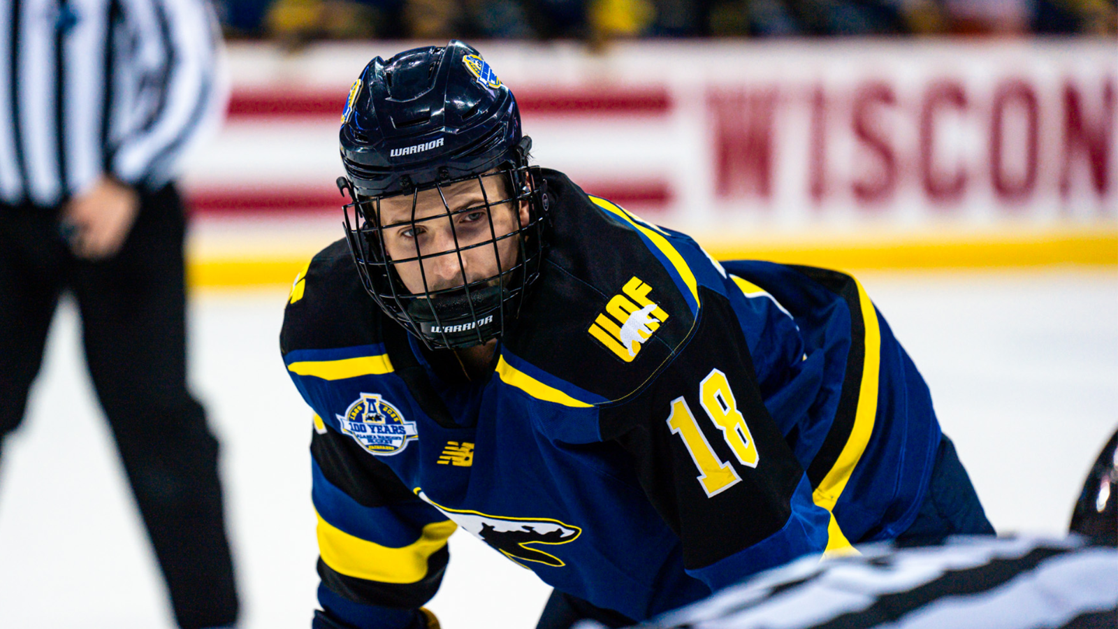Rylen Roersma lines up for a face-off at Wisconsin 2025