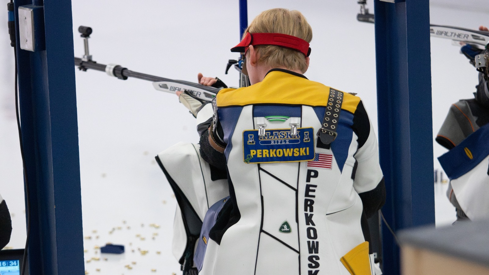 Teagan Perkowski shoots in the kneeling position in a match against Ohio State on Oct. 17, 2025