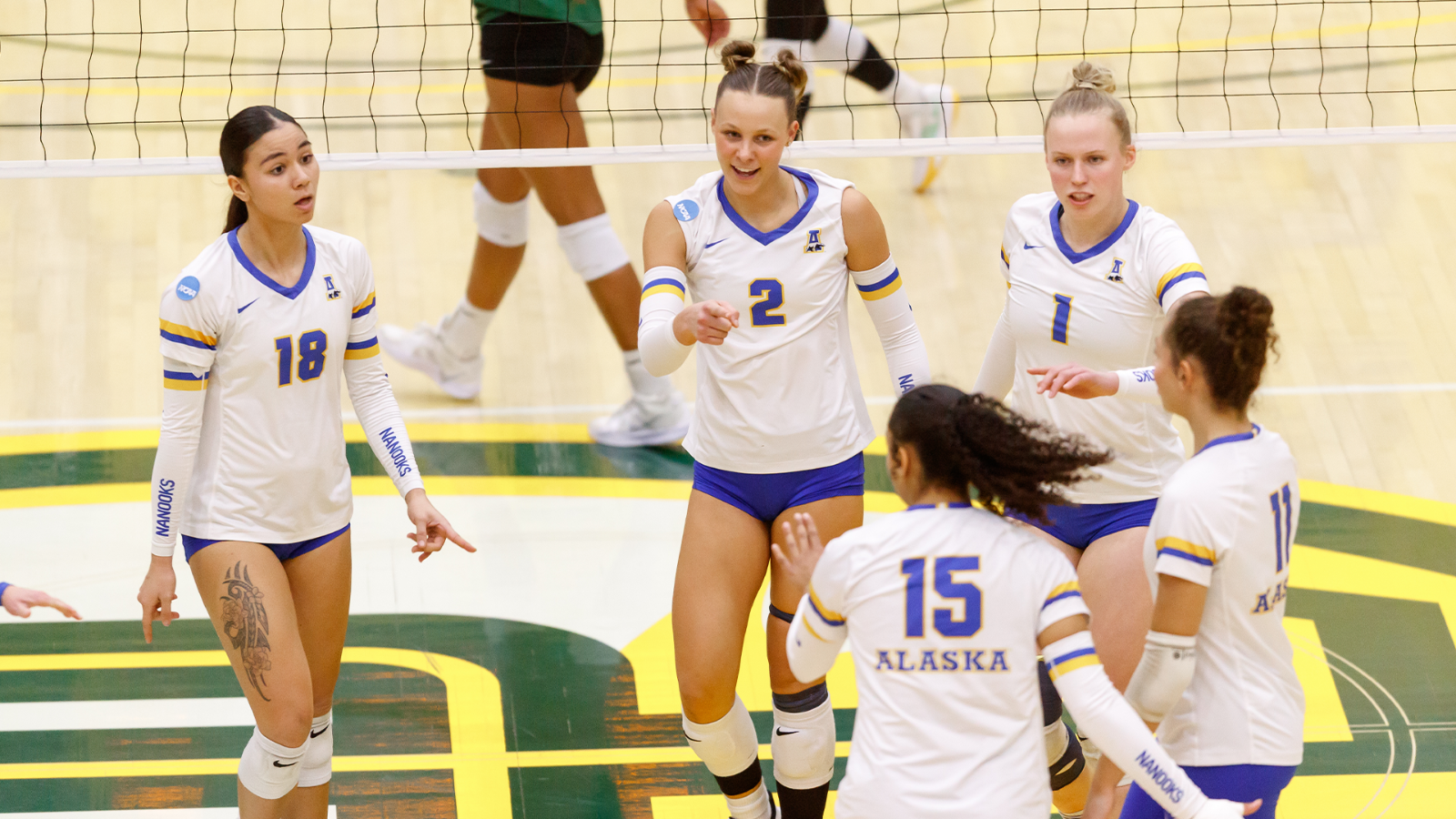Presley Engelauf points at Mikala Henderson after a point against PLNU at the DII WVB Tournament