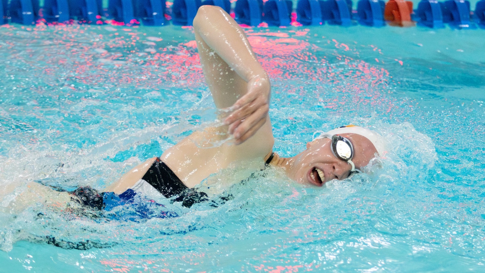 Dorka Dancsok swims in the freestyle during the 2025 Blue/Gold Meet