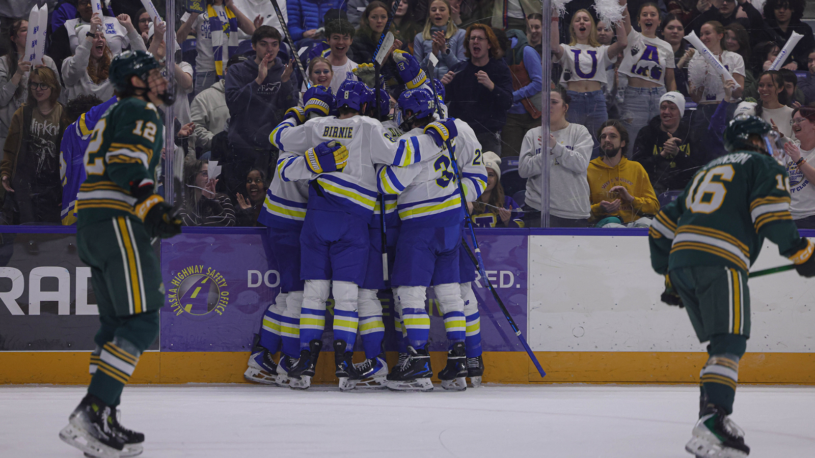The Nanooks celebrate a goal against UAA in game two of the 2025-26 Gov Cup