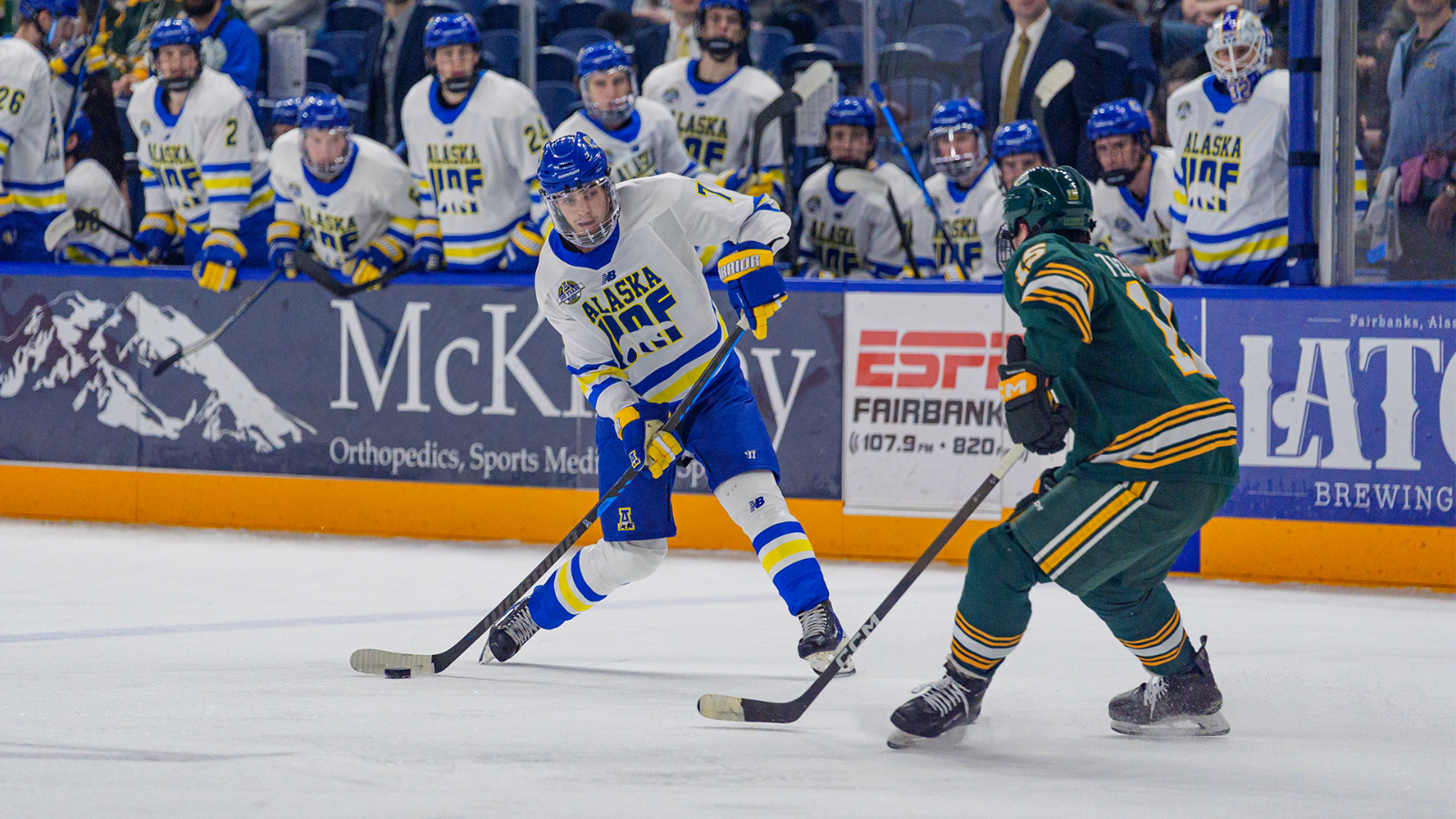 Jackson Anderson puts a shot on net against UAA in game one of the Governor's Cup