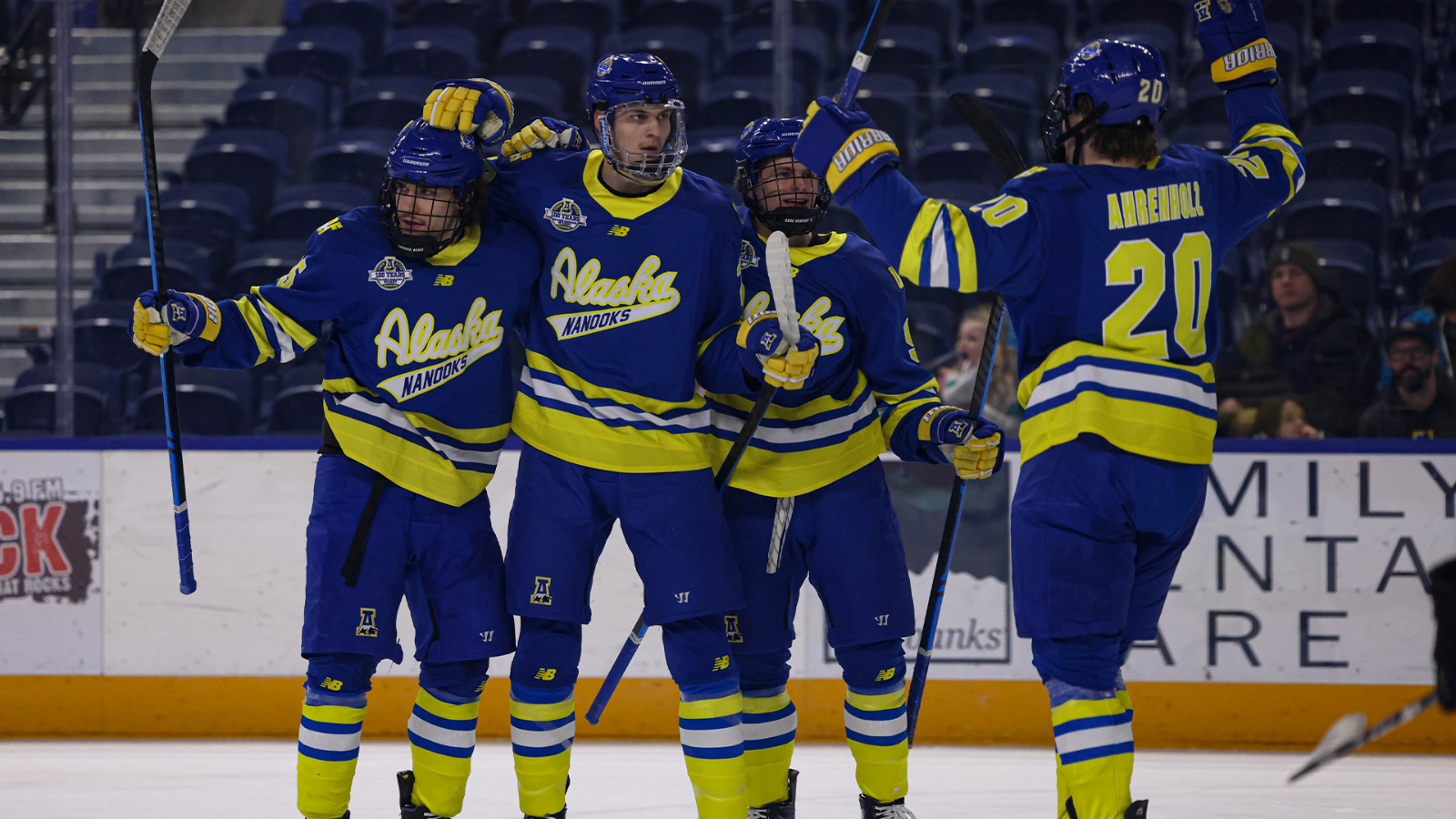 The Nanooks celebrate as a group after a Nathan Rickey goal against Lindenwood