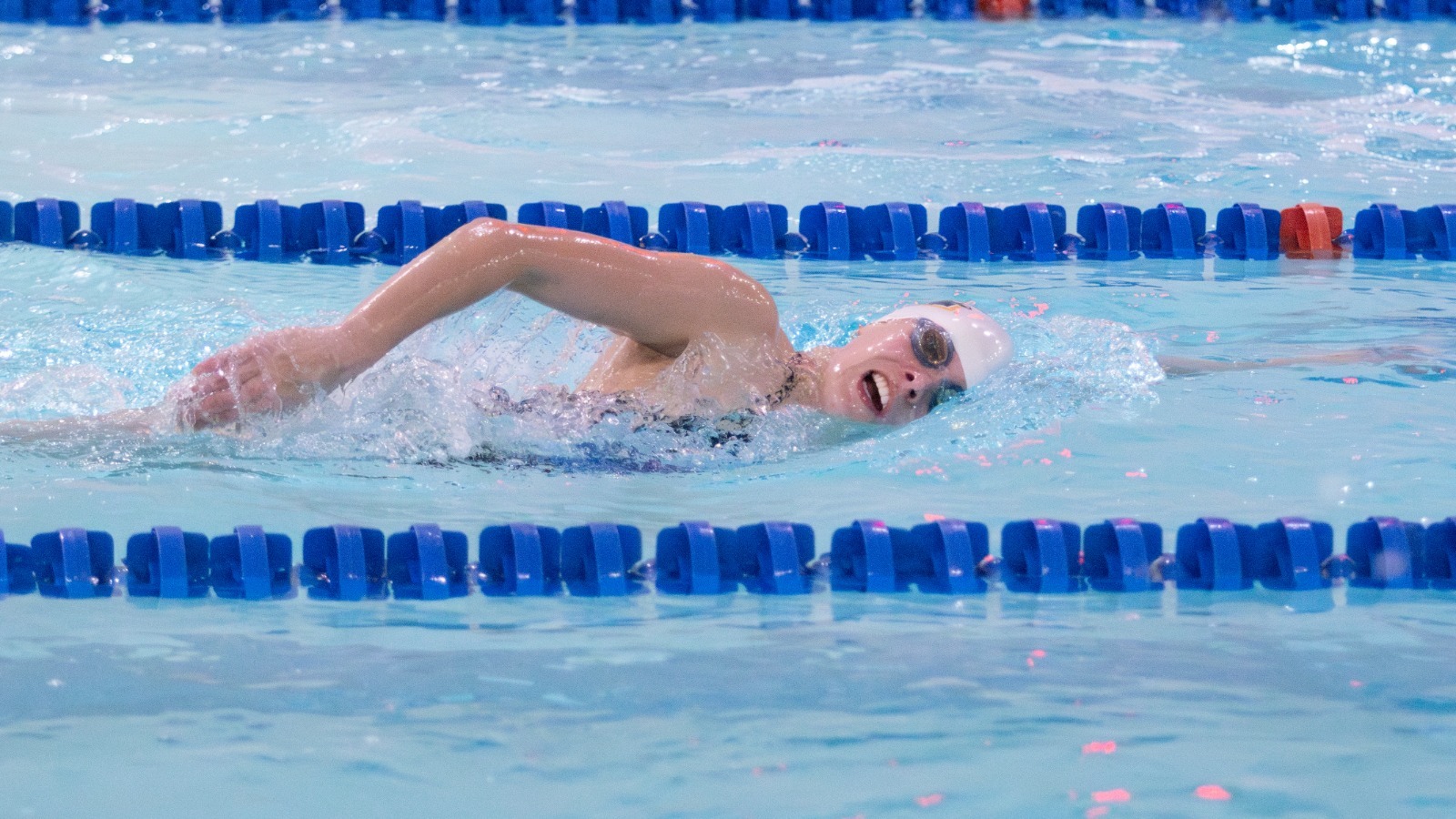 Ali Pecore swims freestyle at the Blue/Gold meet on Nov. 19, 2025