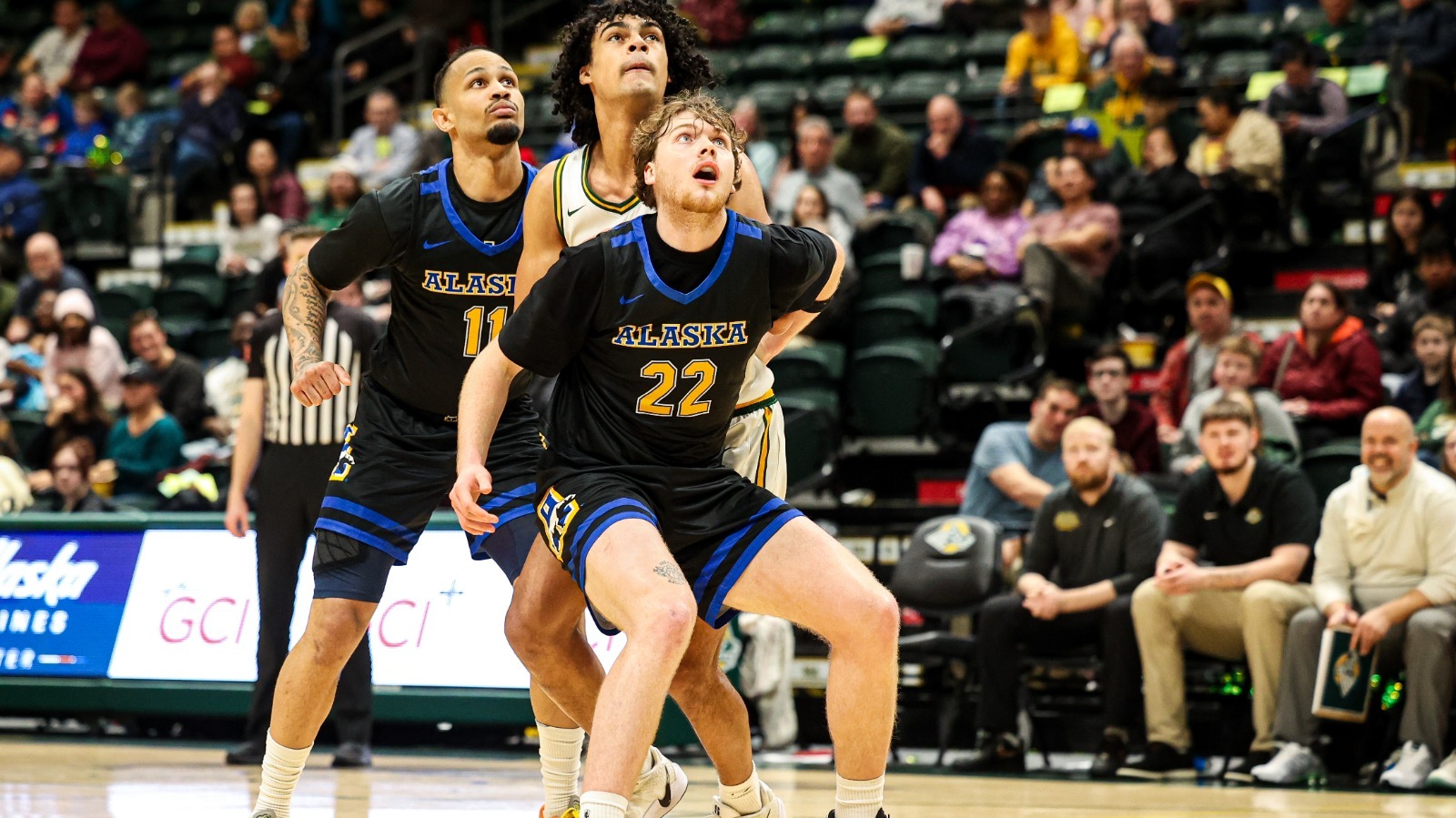 Davis Crilly boxes out a Seawolves player at Alaska Anchorage, Feb. 14, 2026