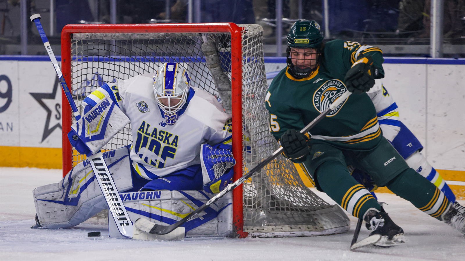 Calvin Vachon shuts the door on a UAA attacker in his shutout win over UAA in February 2026