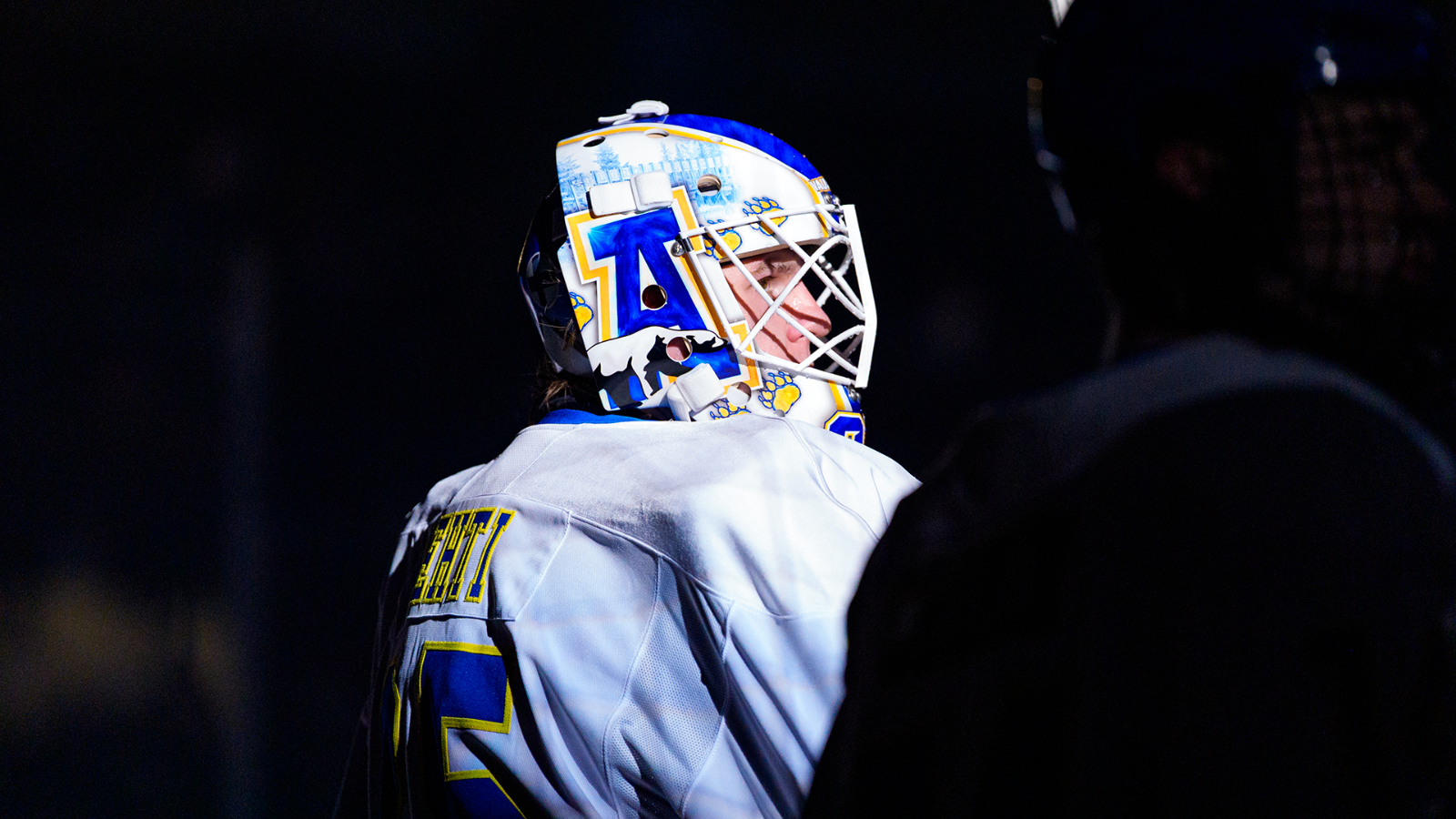 Lassi Lehti stands in net while the starters are announced