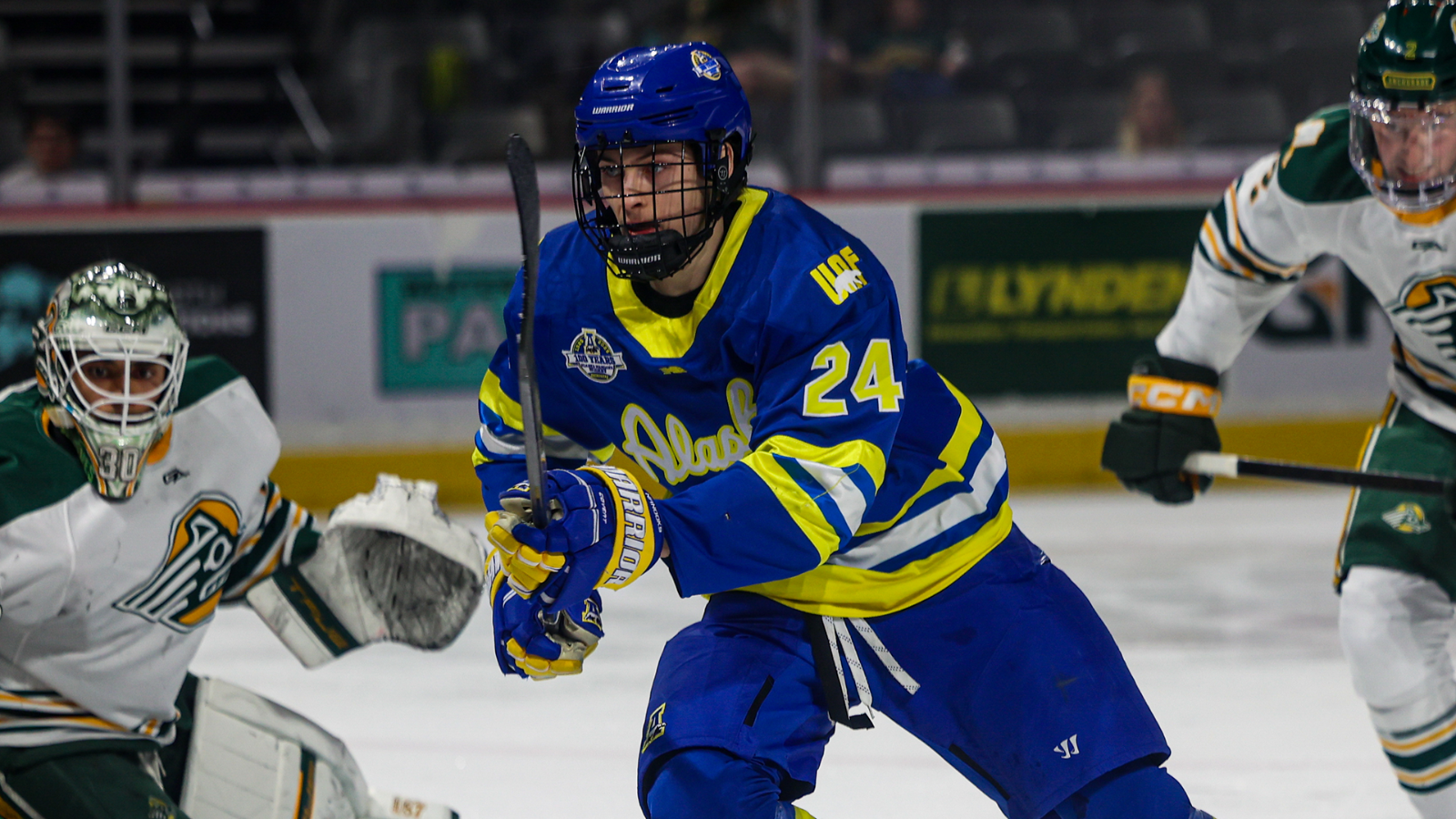 Peyton Platter skating near the UAA goal on Feb. 6, 2026