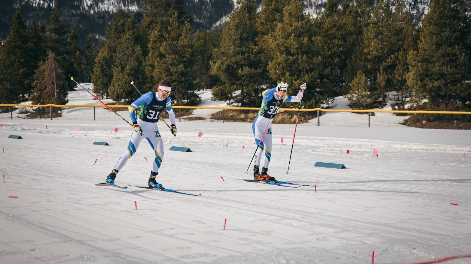 Philipp Moosmayer (L) and Blake Hanley (R) race to the finish line in the 7.5k freestyle at the Denver Invitational, Feb. 8, 2026