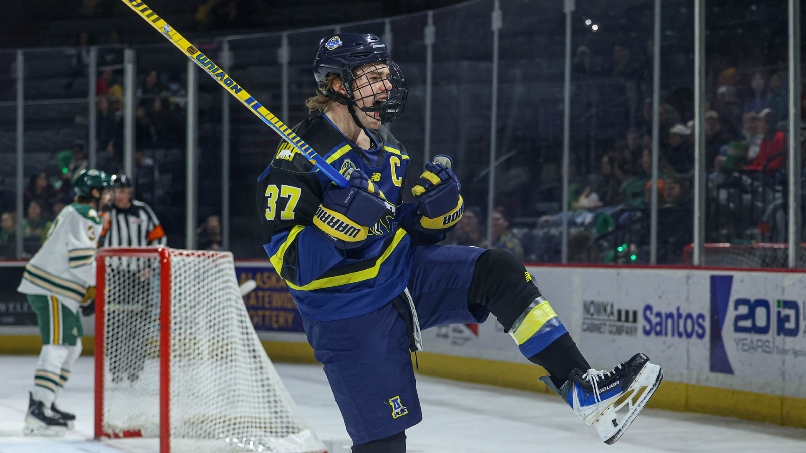 Chase Dafoe celebrates a goal at UAA on Feb. 21, 2026
