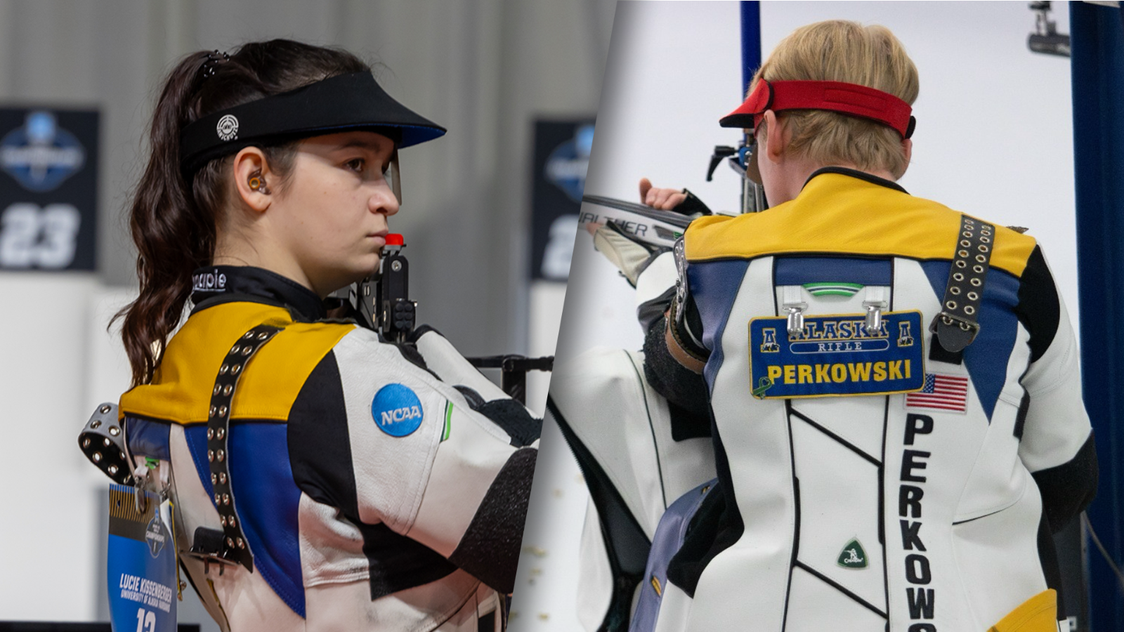 Lucie Kissenberger (L) and Teagan Perkowski (R) shooting throughout the season, All-American release graphic