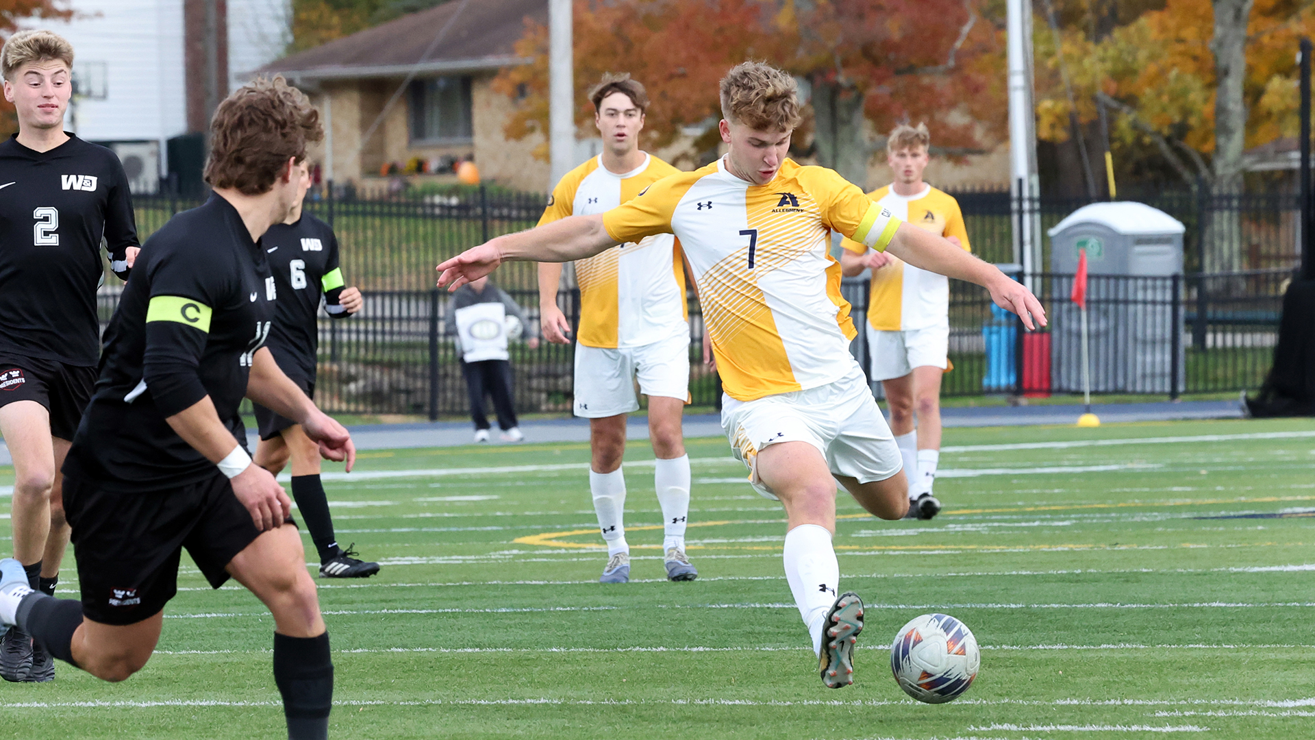 Allegheny College men’s soccer in PAC playoff vs. W&J, Nov. 1, 2025. Photo by Ed Mailliard.