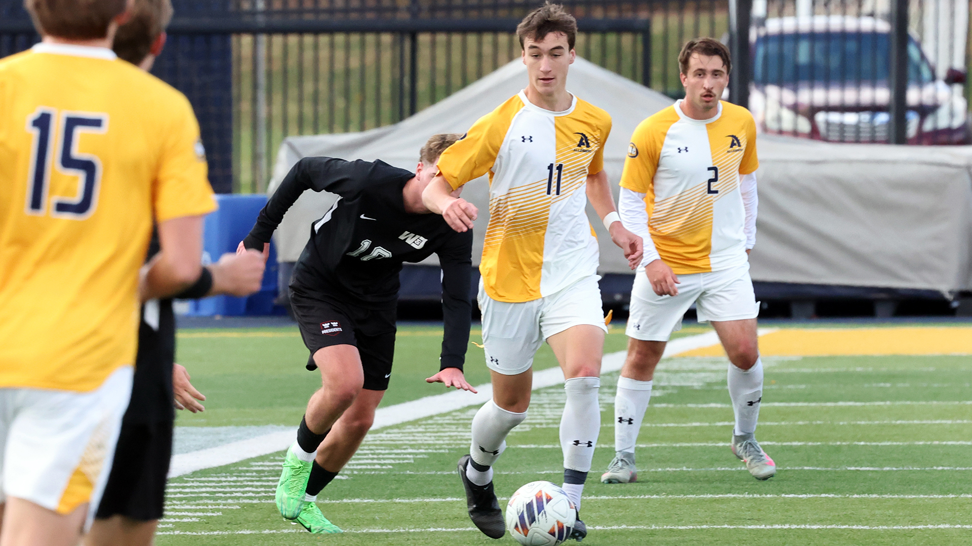 Allegheny College men’s soccer in PAC playoff vs. W&J, Nov. 1, 2025. Photo by Ed Mailliard.
