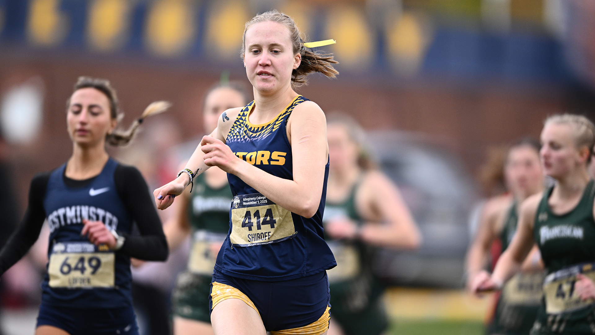 Allegheny women's cross country competing at the 2025 PAC Championship (Nov. 1). Photo by Robert Hayes.