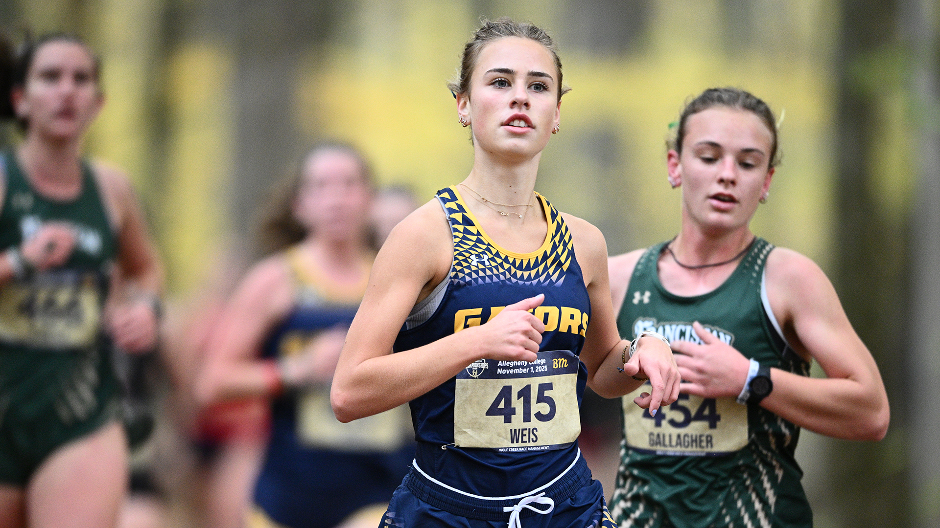 Allegheny women's cross country competing at the 2025 PAC Championship (Nov. 1). Photo by Robert Hayes.