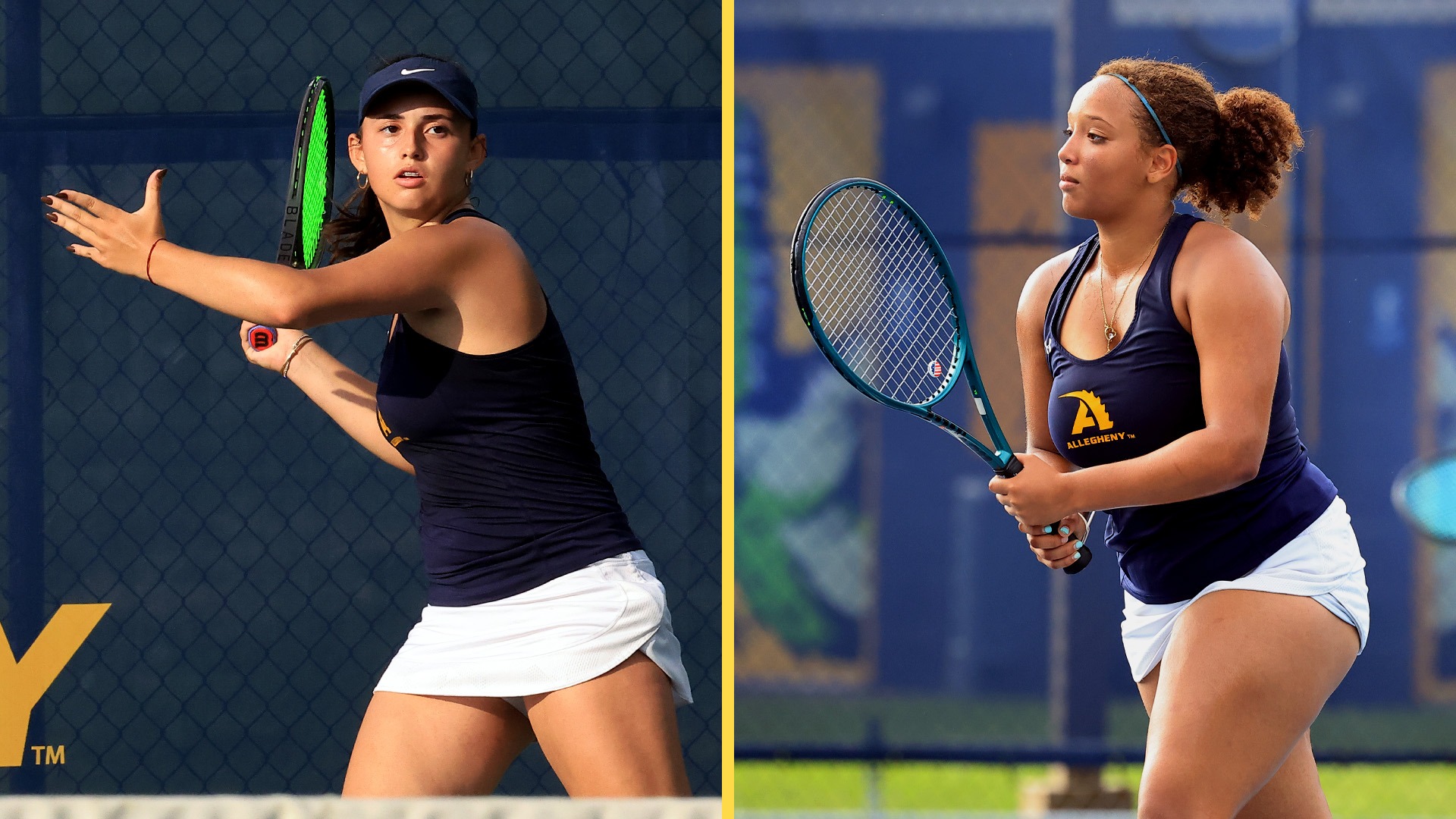 Chanel Brun (L) and Claire Terefe (R), Allegheny College women's tennis. Photos by Ed Mailliard.