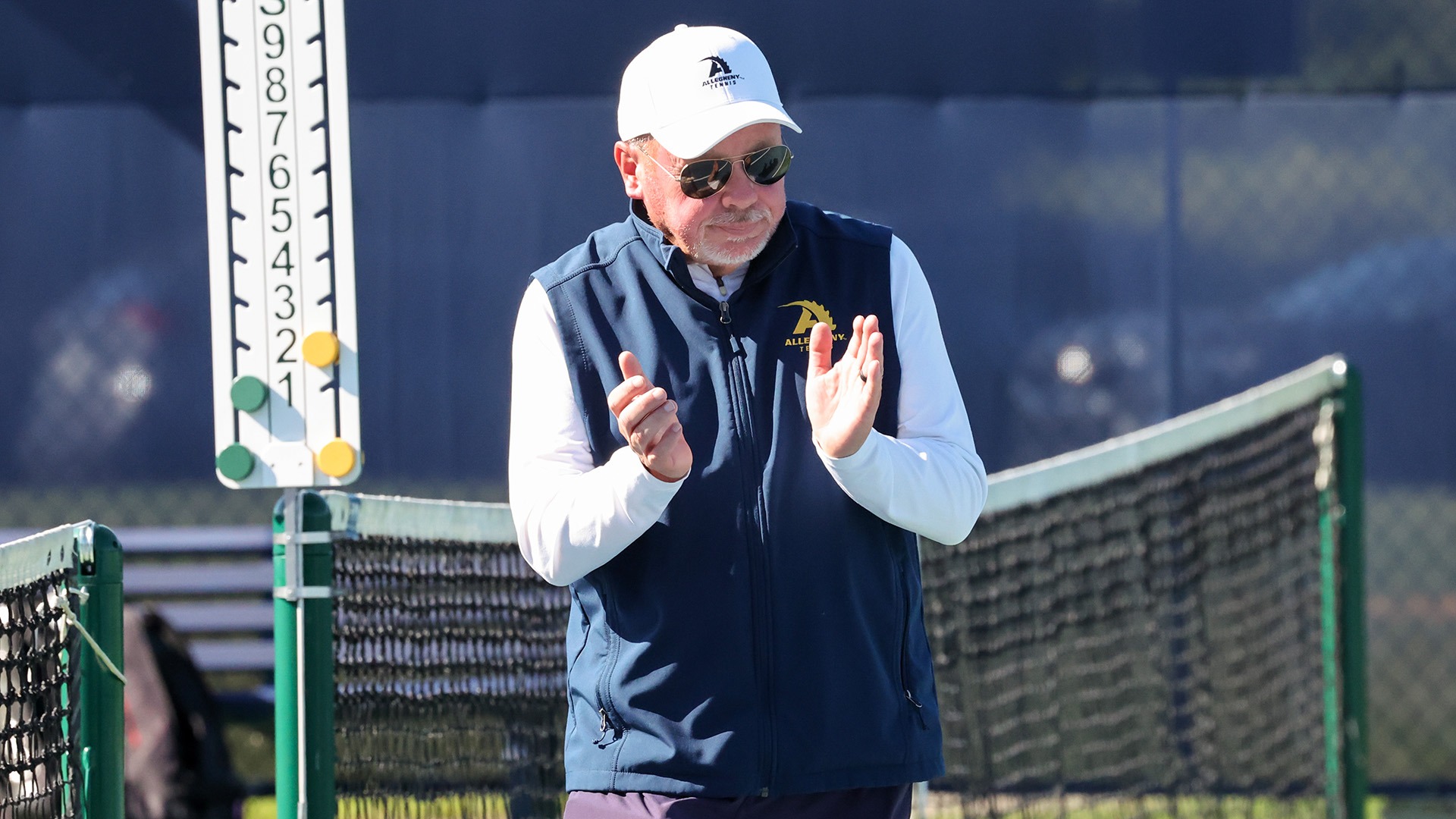 Allegheny head coach Dave Hayden at the 2025 PAC Women's Tennis Championship match vs. Grove City, Oct. 18, 2025. Photo by Ed Mailliard.
