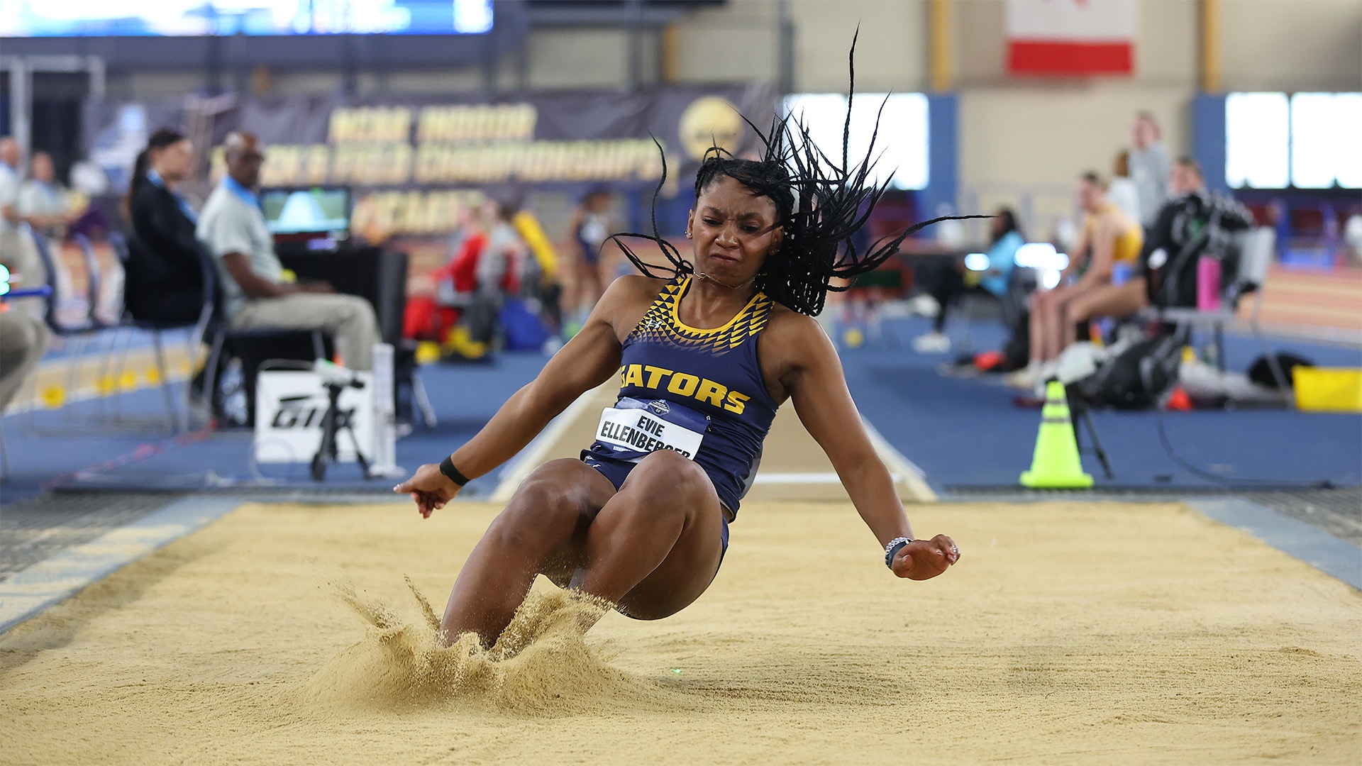 Evie Ellenberger in the long jump at the 2026 NCAA Indoor Track & Field Championships, March 13, 2026. Photo by David Beach, d3photography.com.
