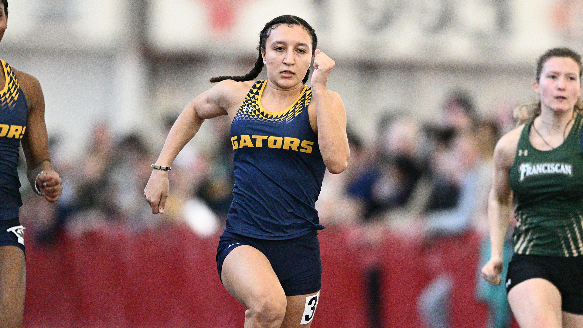 The Allegheny women's track and field team competes at the 2026 PAC Indoor Championships. Photo by Robert Hayes.