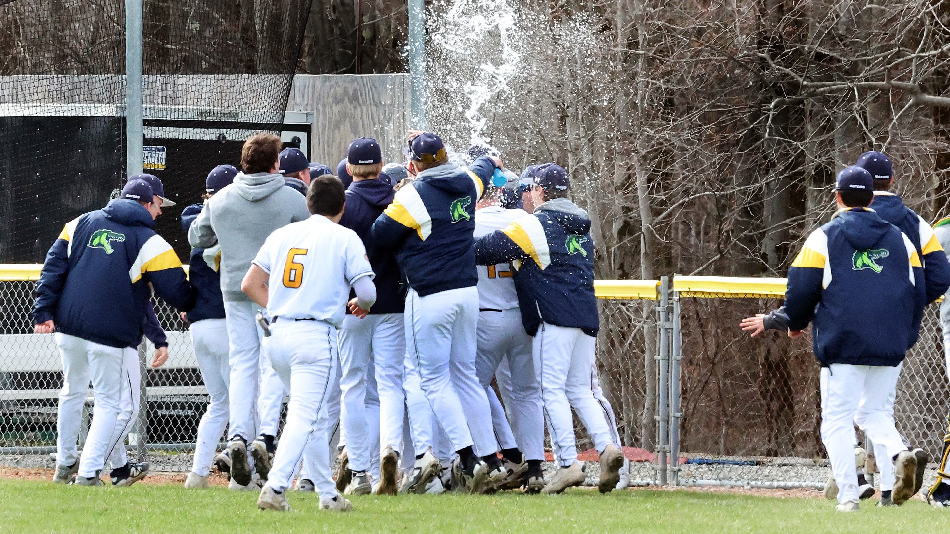 Baseball celebrates walk-off win over Hiram, March 24, 2026. Photo by Ed Mailliard.