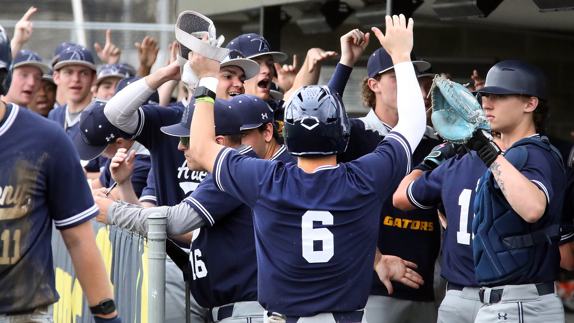 Baseball celebrates vs. Fredonia State, March 7, 2026. Photo by Ed Mailliard.
