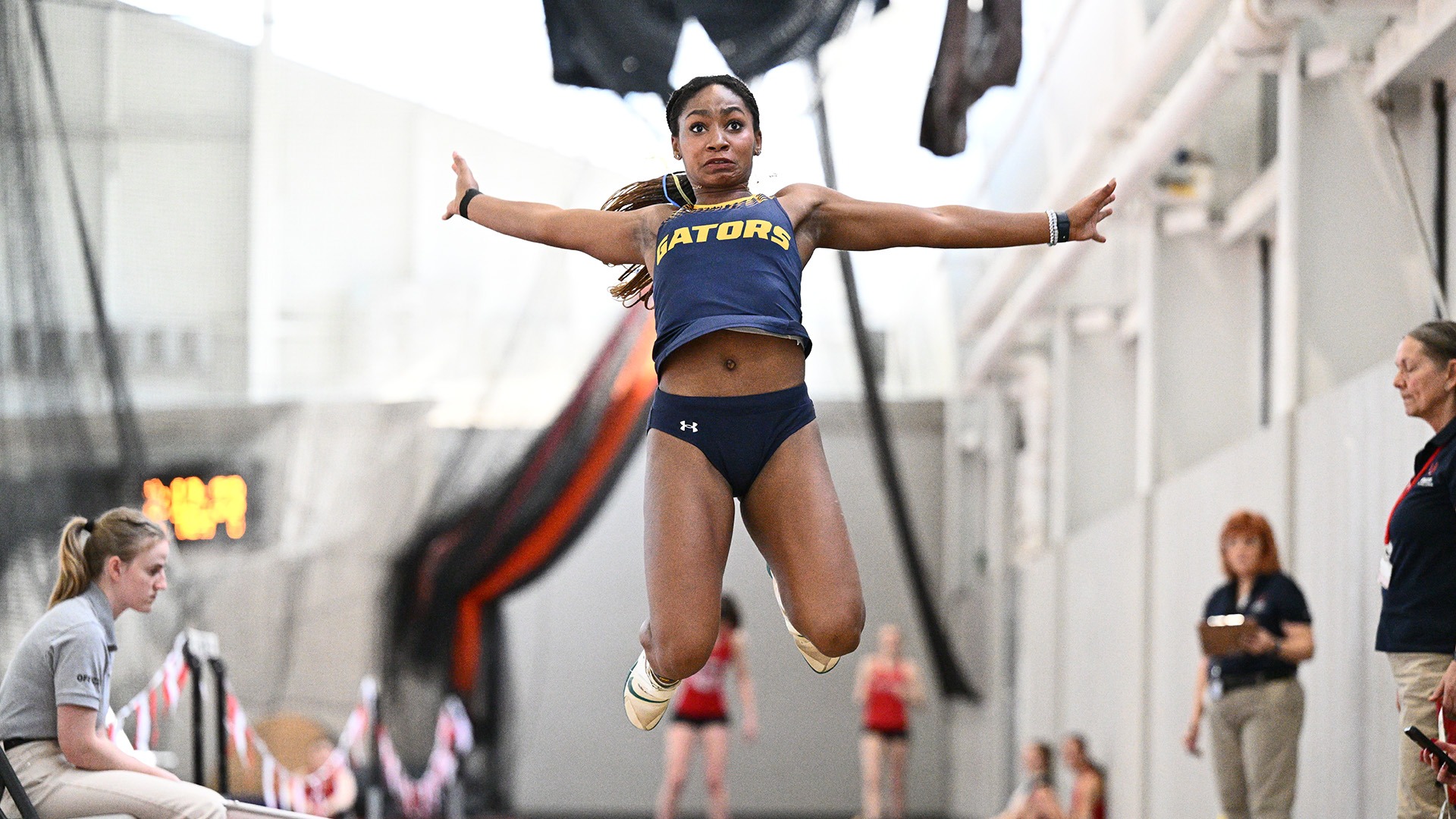 Evie Ellenberger in the long jump at 2026 PAC Indoor Championships, Feb. 26, 2026. Photo by Robert Hayes.