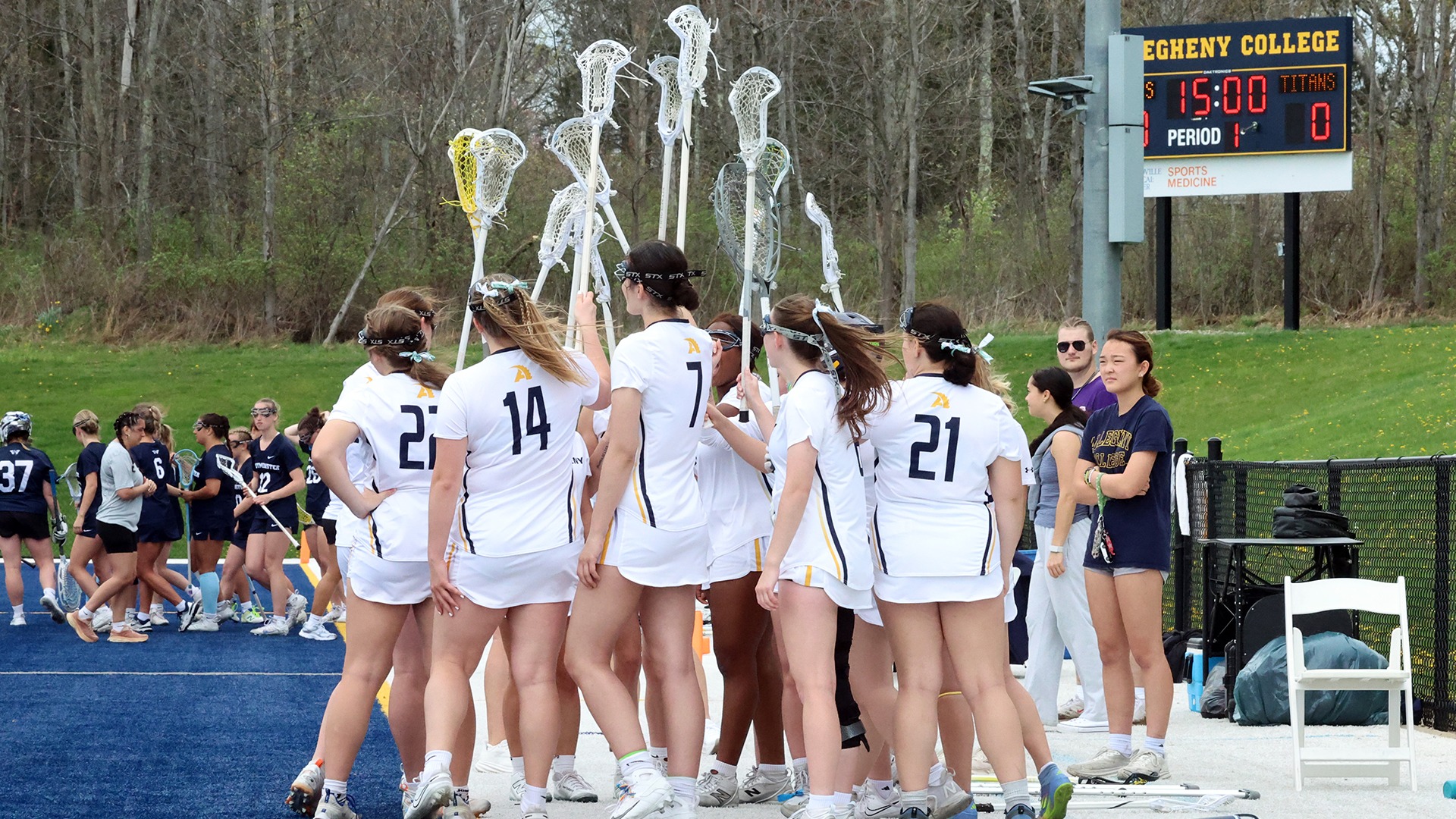 Allegheny Women's Lacrosse Huddles Up vs. Westminster, April 18, 2026. Photo by Ed Mailliard.