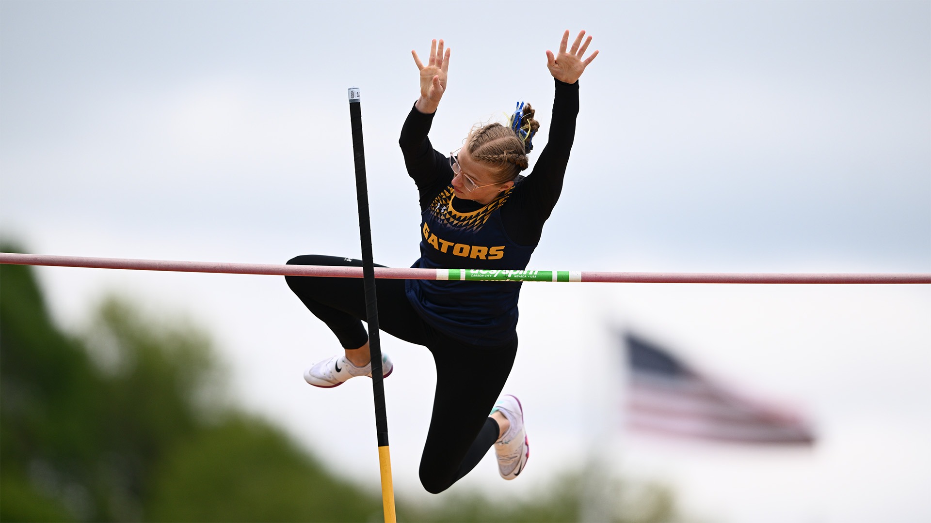 Corinne Inkley in the pole vault at the 2026 PAC Outdoor Championships, April 30, 2026. Photo by Robert Hayes.