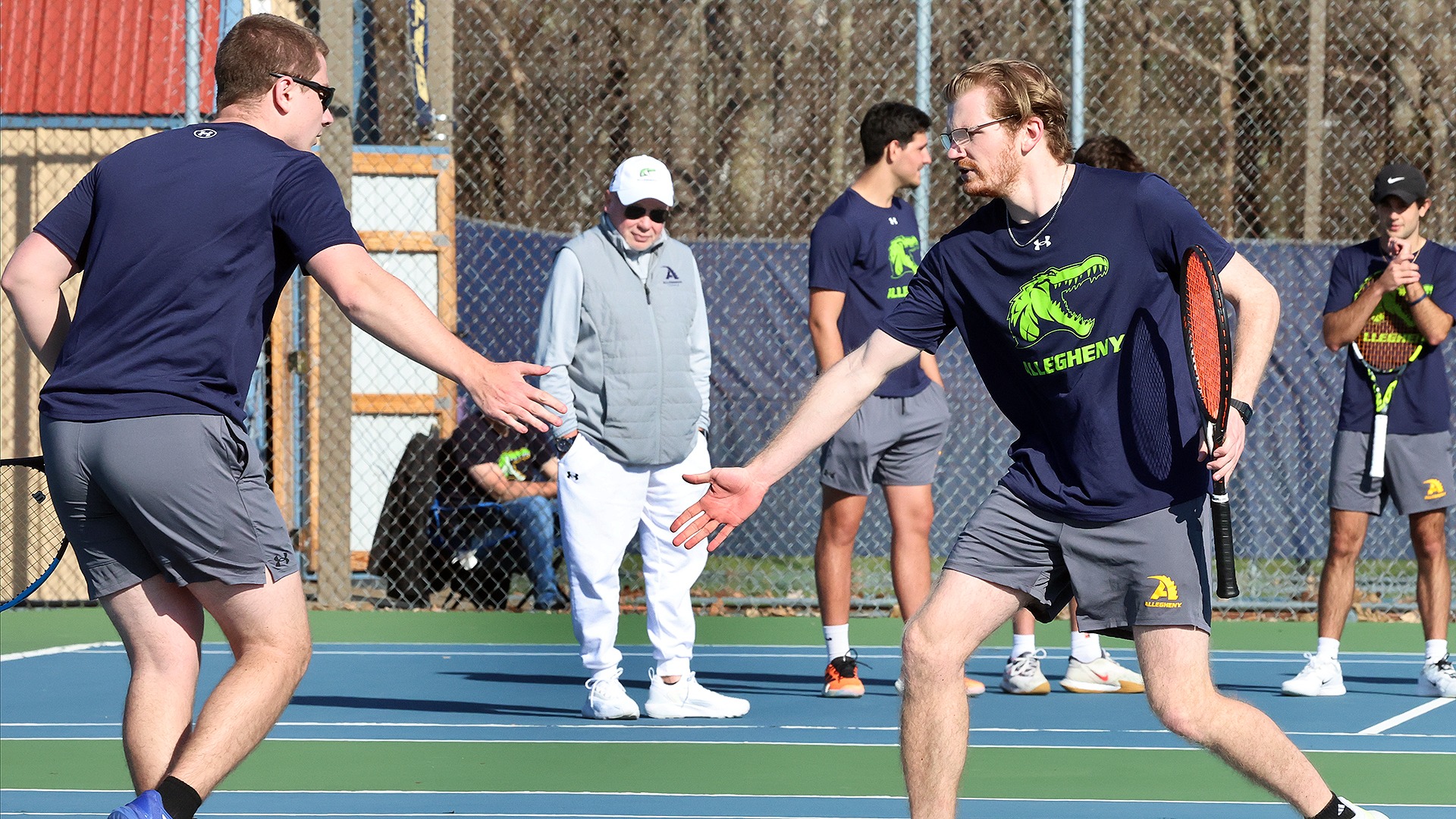 Mitchell Curtis and Alex Harcourt in doubles vs. Westminster, April 8, 2026. Photo by Ed Mailliard.