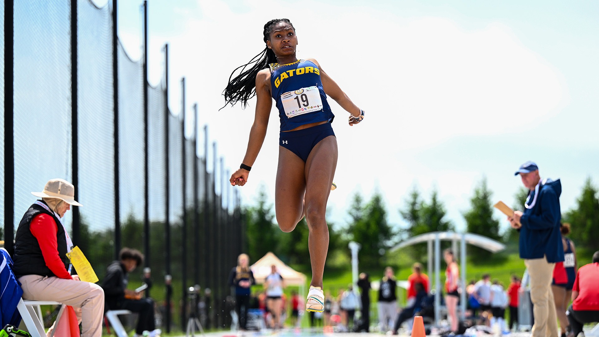 Evie Ellenberger in long jump at 2026 PAC Outdoor Championships, May 1, 2026. Photo by Robert Hayes.